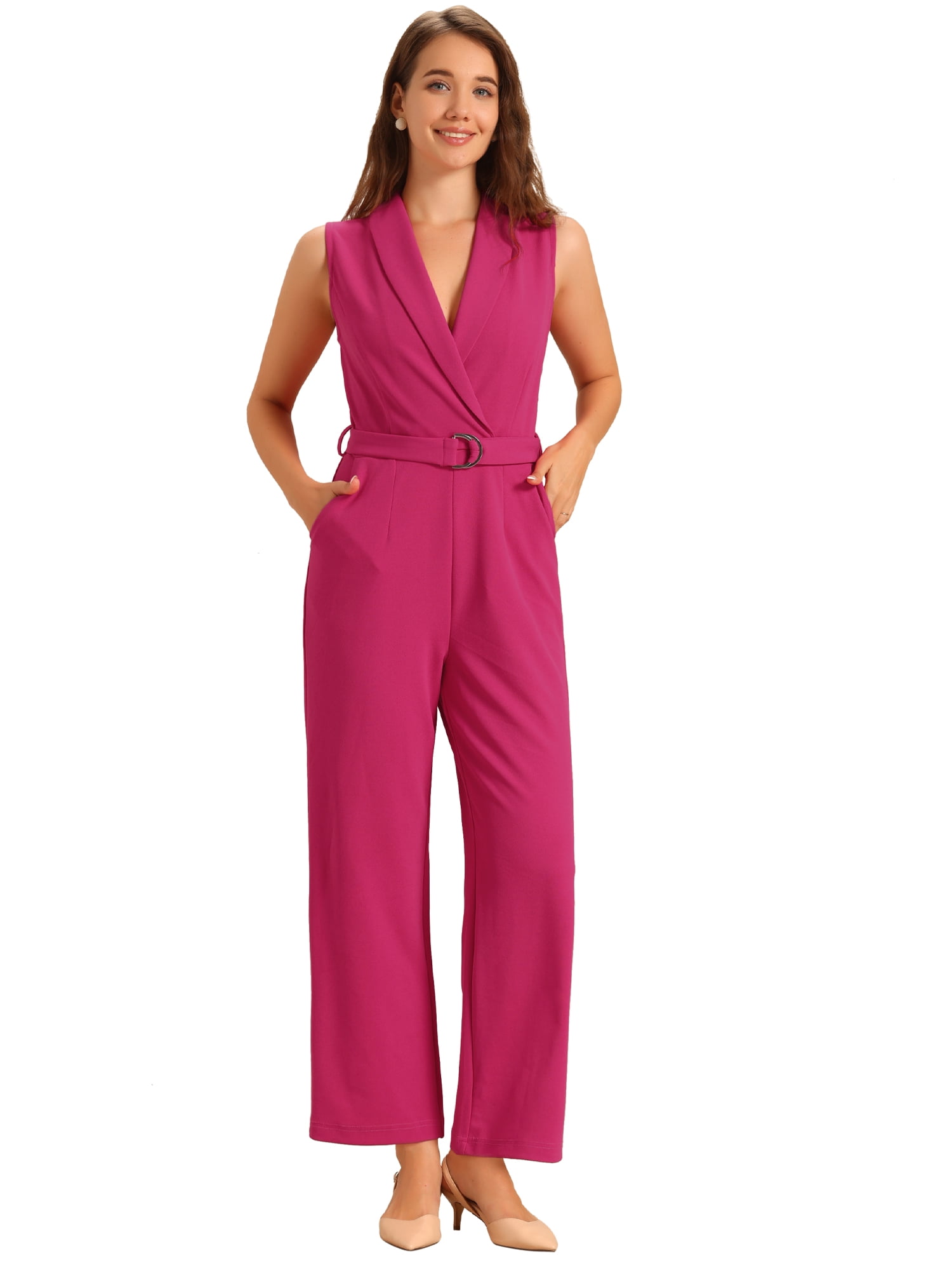 DARING DIVA Women's Casual Sleeveless Shawl Collar Office Jumpsuit L Hot Pink