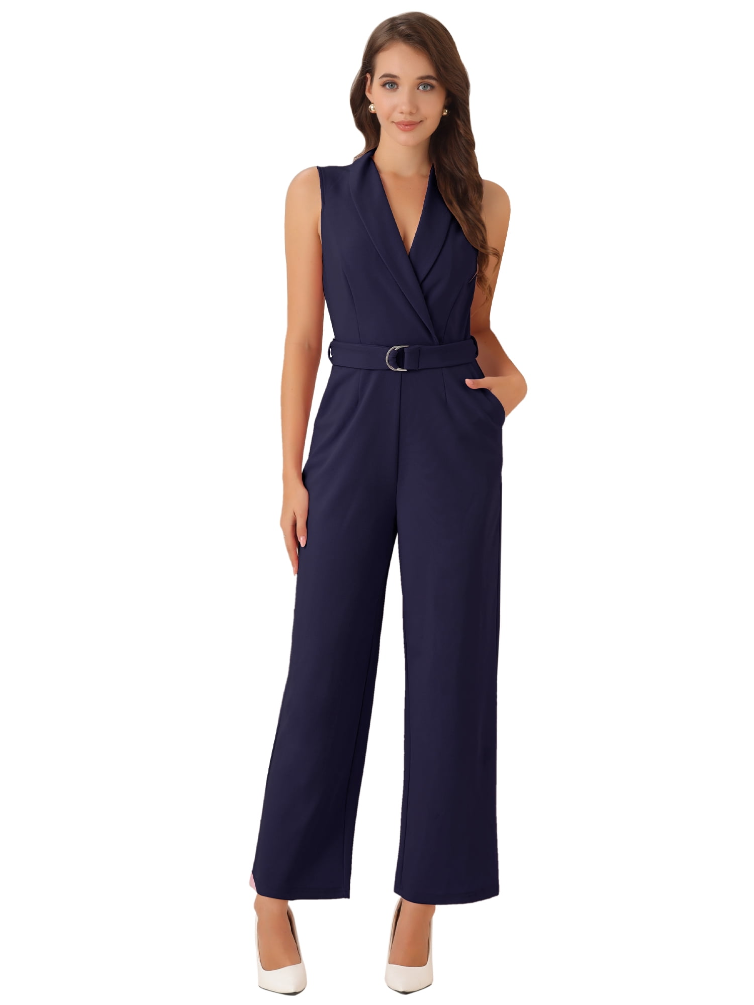 DARING DIVA Women's Casual Sleeveless Shawl Collar Office Jumpsuit L Navy Blue