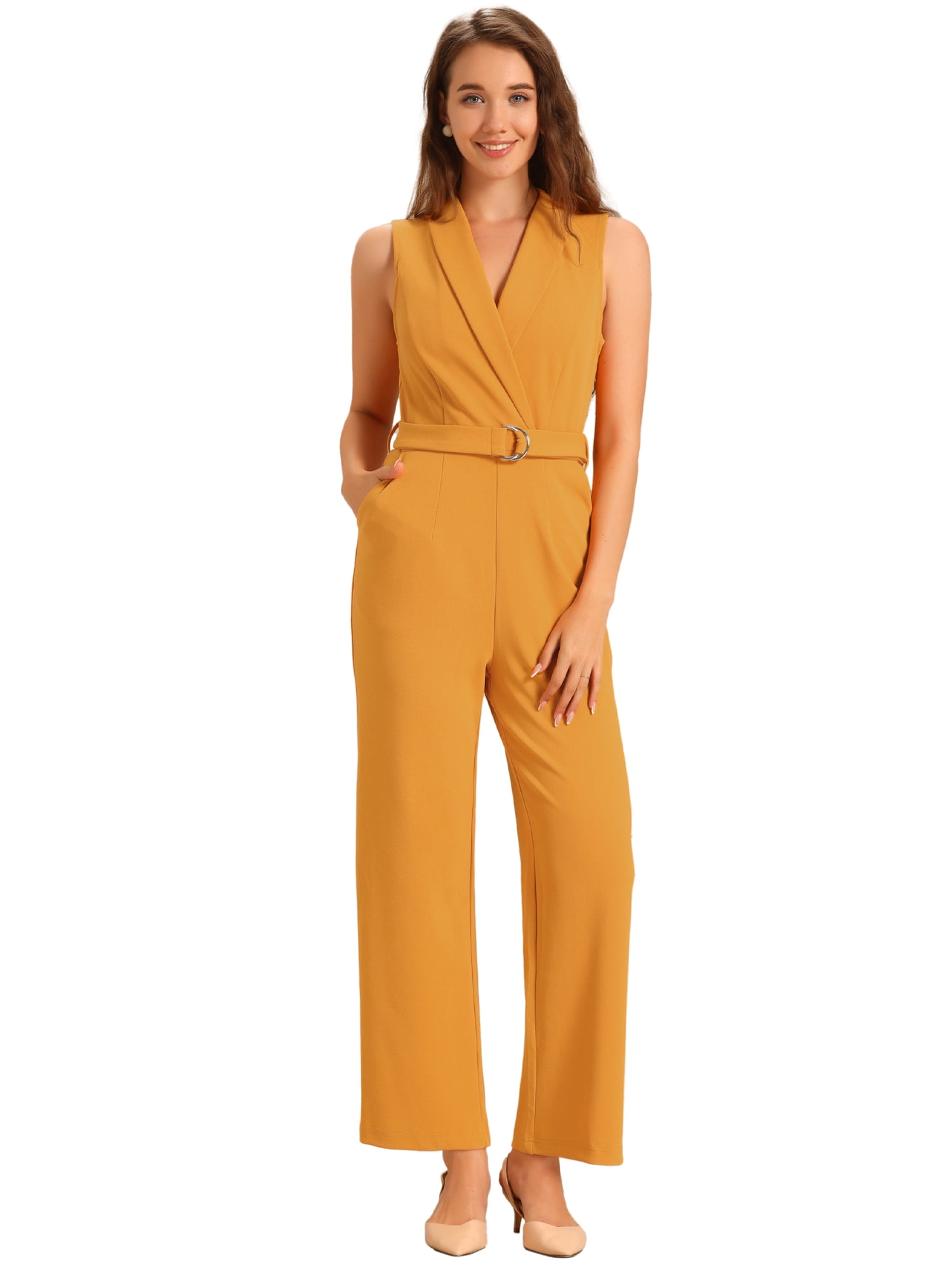 DARING DIVA Women's Casual Sleeveless Shawl Collar Office Jumpsuit M Yellow