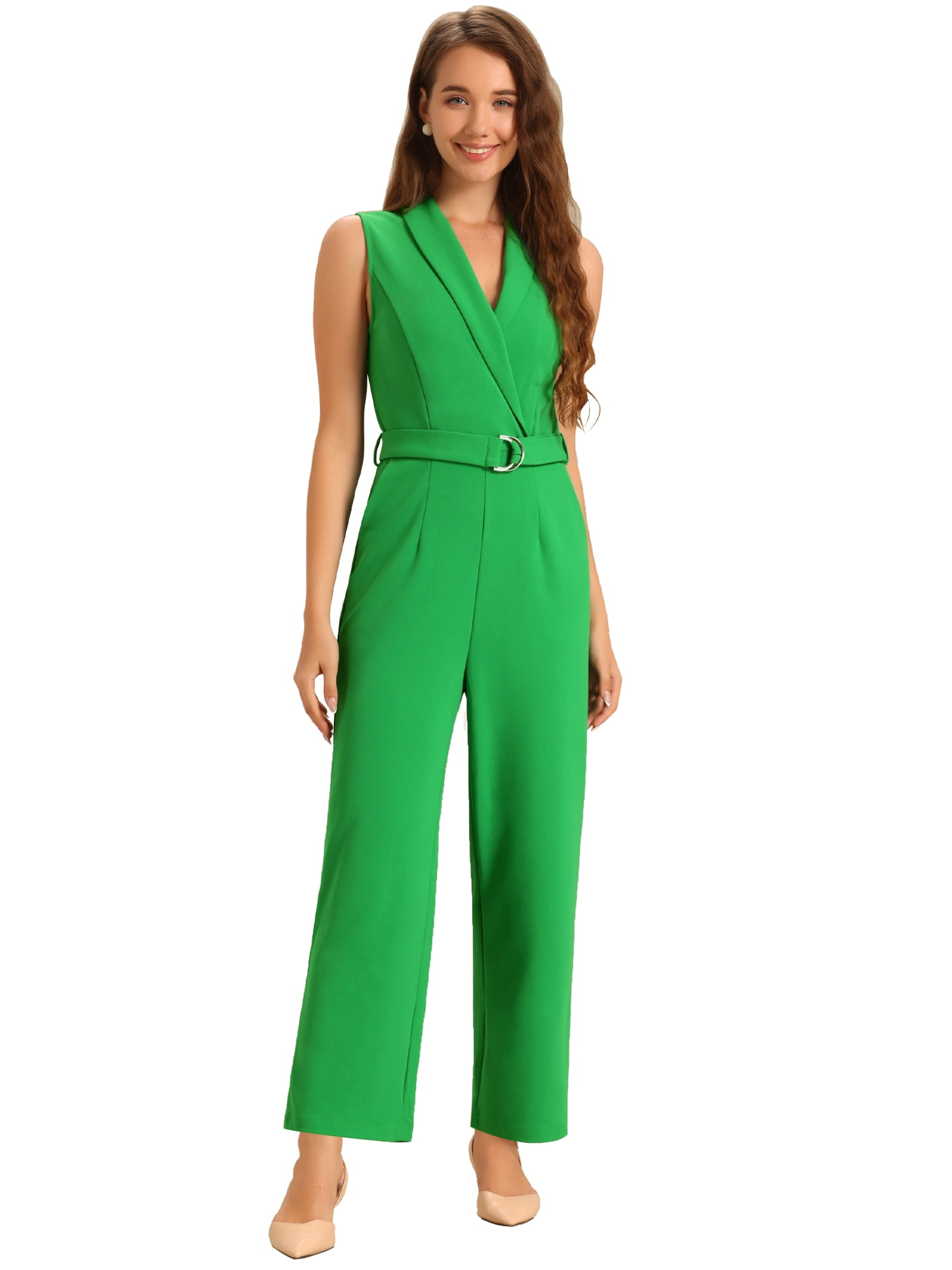 DARING DIVA Women's Casual Sleeveless Shawl Collar Office Jumpsuit XL Grass Green