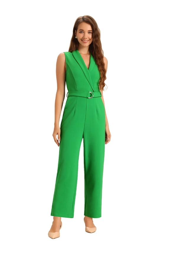 Women's Casual Sleeveless Shawl Collar Office Jumpsuit XL Grass Green