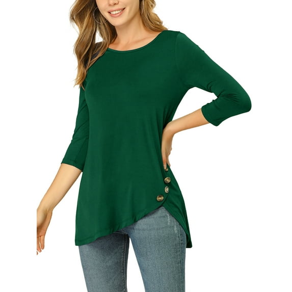 DARING DIVA Women's Casual Stretchy Tunic Asymmetric Hem Top L Dark Green