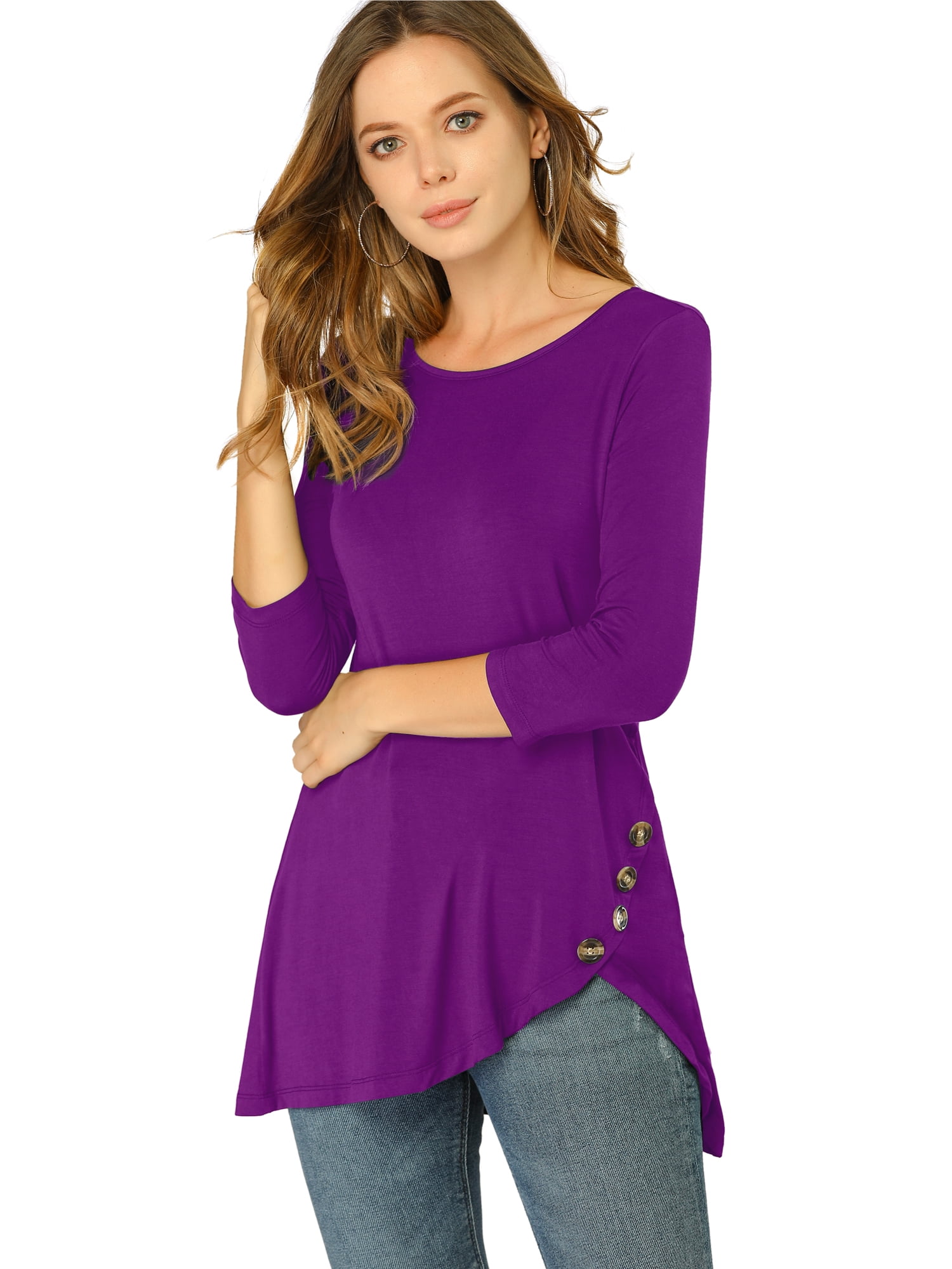 DARING DIVA Women's Casual Stretchy Tunic Asymmetric Hem Top S Purple