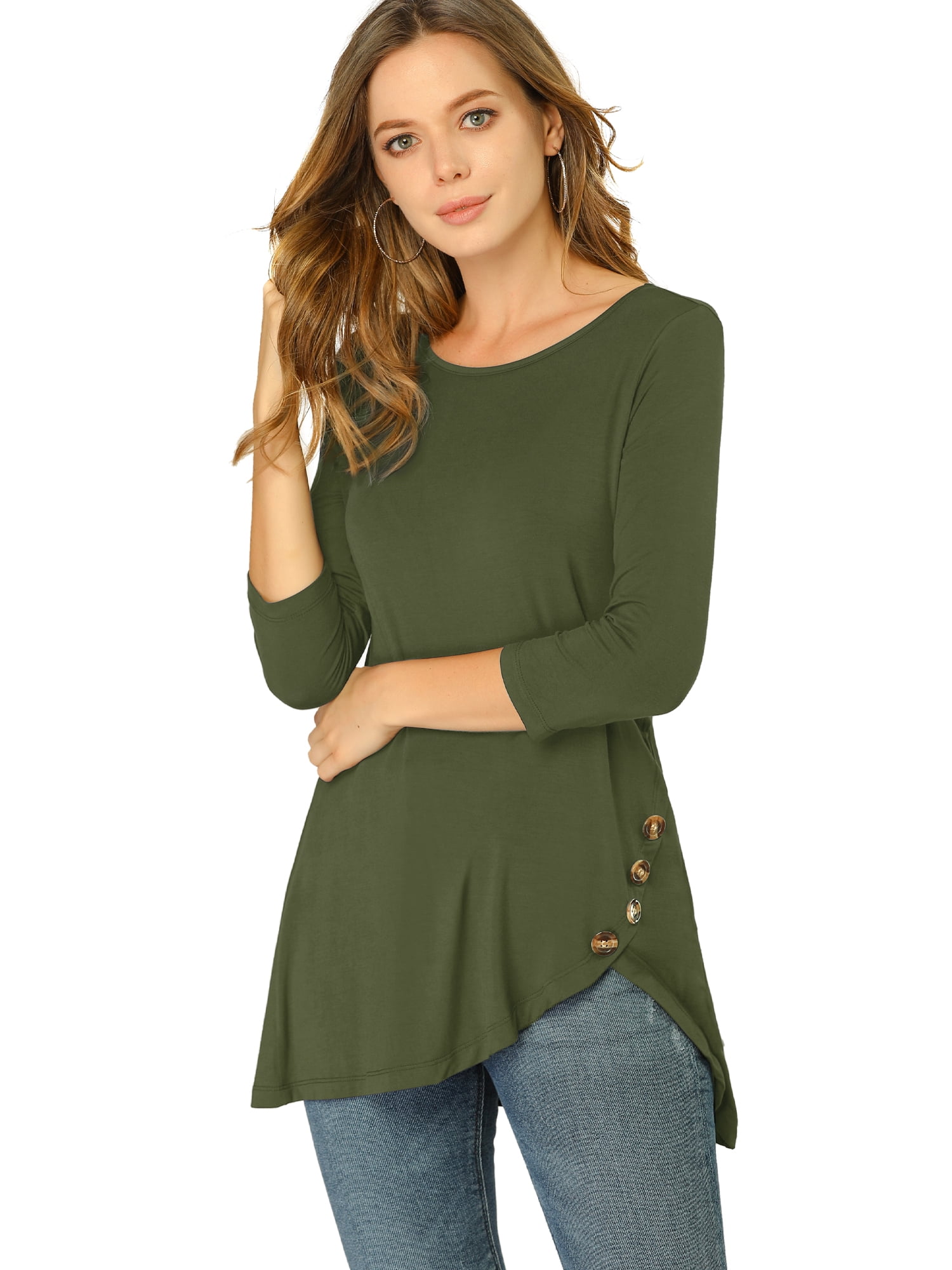 DARING DIVA Women's Casual Stretchy Tunic Asymmetric Hem Top XS Army Green