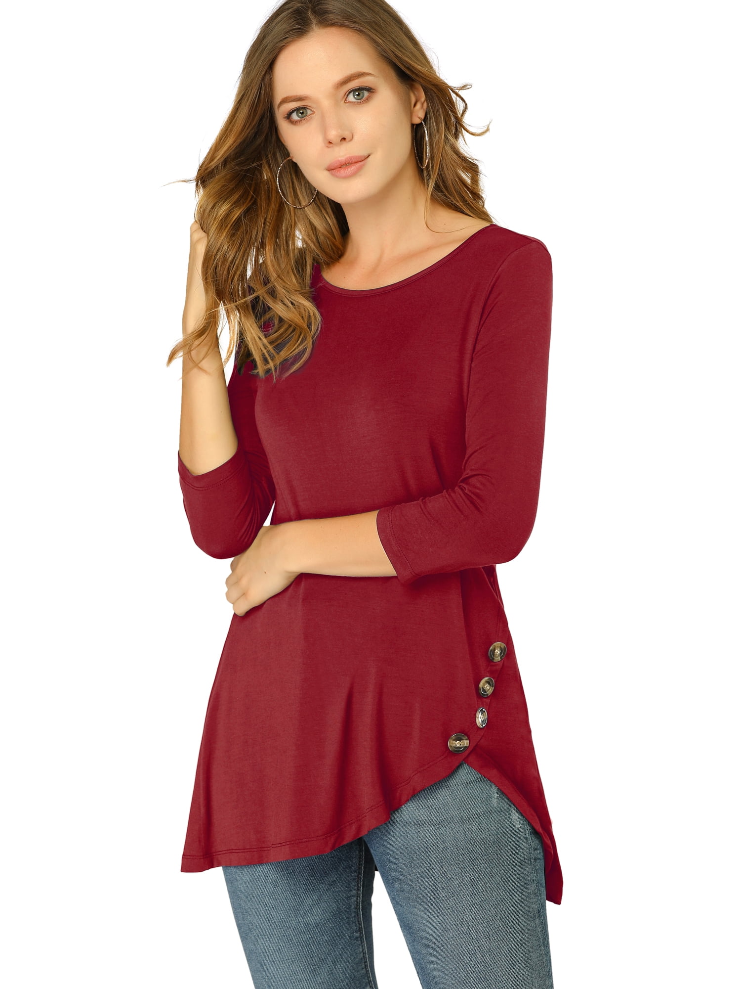 DARING DIVA Women's Casual Stretchy Tunic Asymmetric Hem Top XS Burgundy