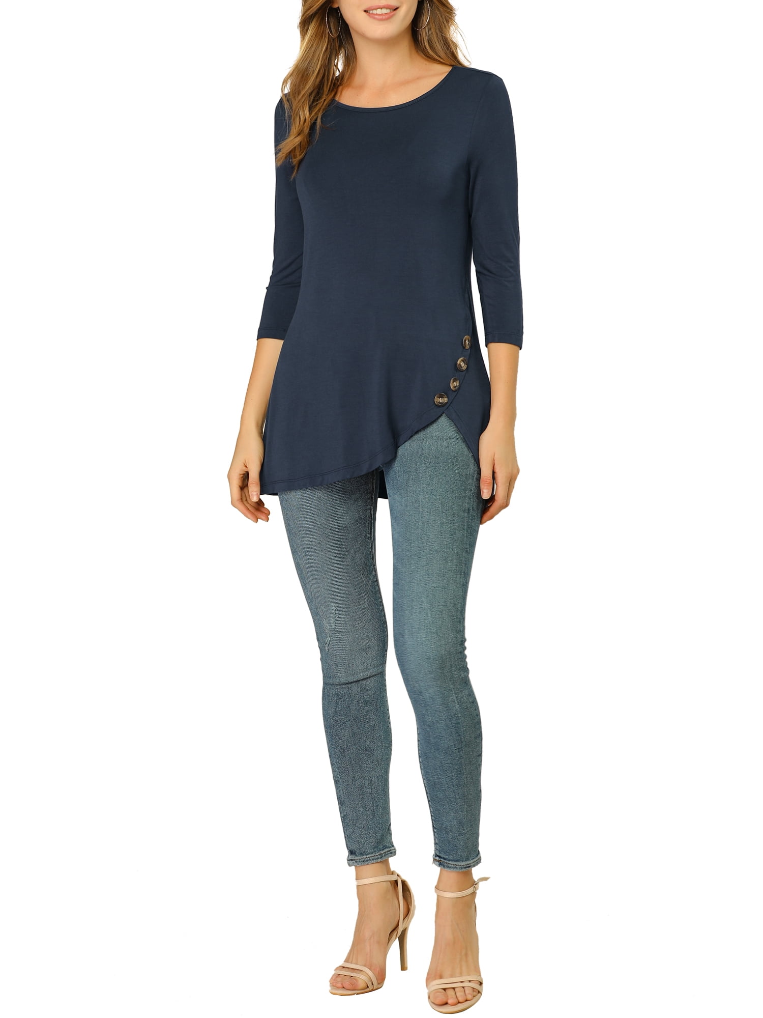 DARING DIVA Women's Casual Stretchy Tunic Asymmetric Hem Top XS Dark Blue
