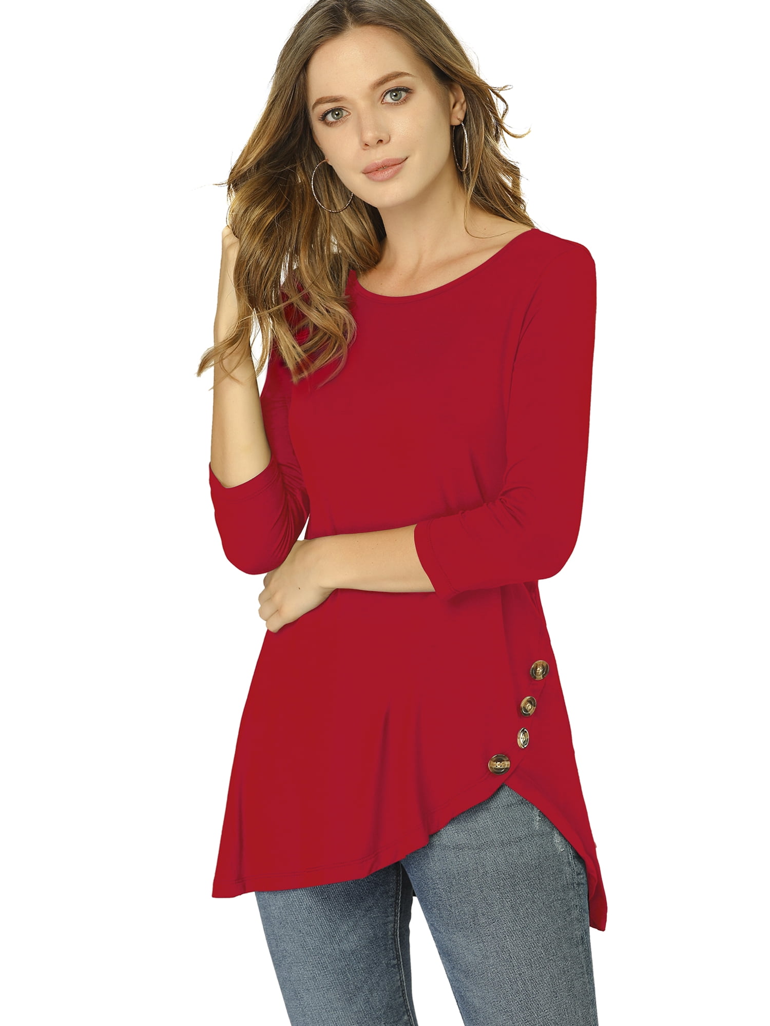 DARING DIVA Women's Casual Stretchy Tunic Asymmetric Hem Top XS Red