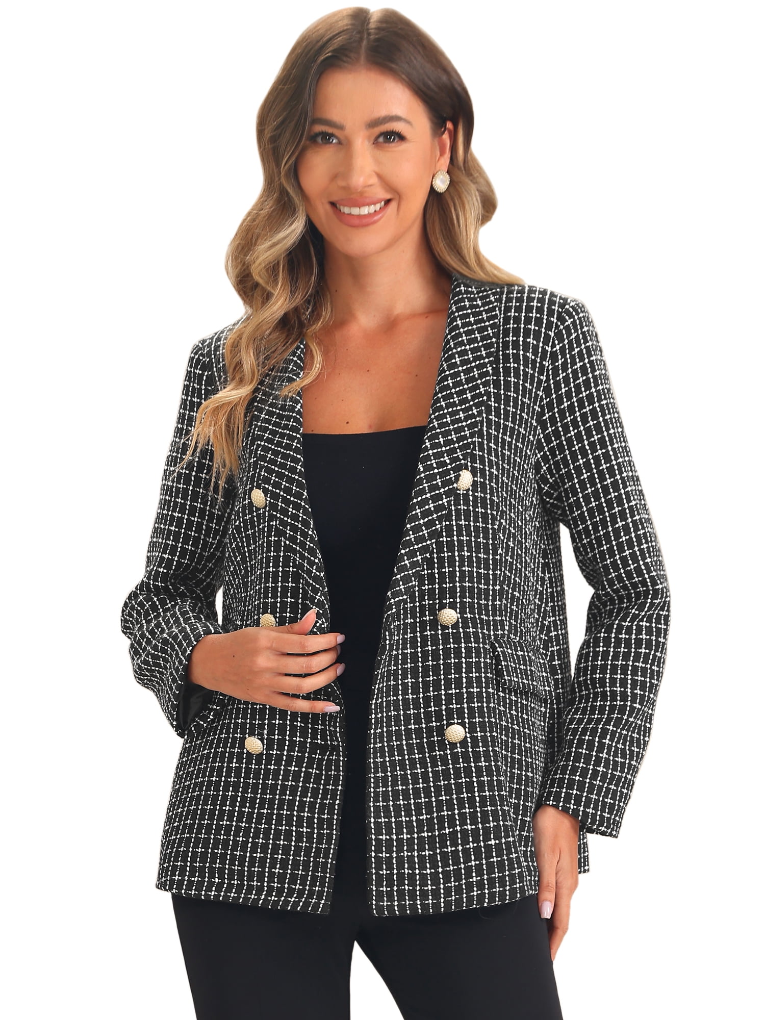 DARING DIVA Women's Casual Tweed Blazer Button Front Plaids Jacket Coat XL Black