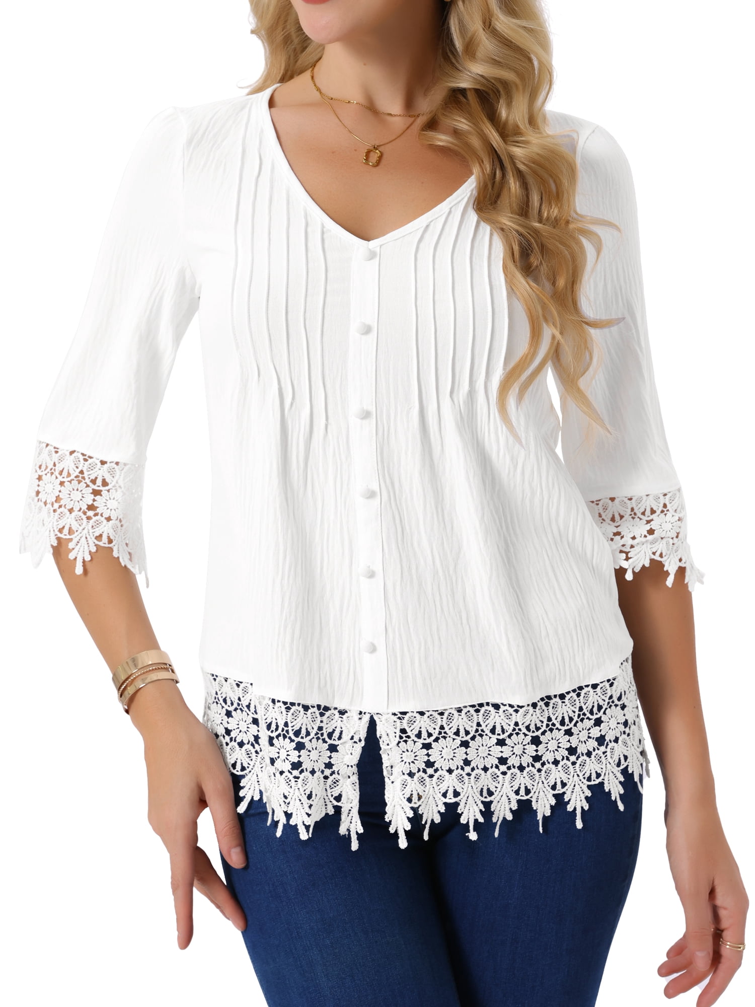 DARING DIVA Women's Casual V Neck 3/4 Sleeve Hallow Out Blouse S White