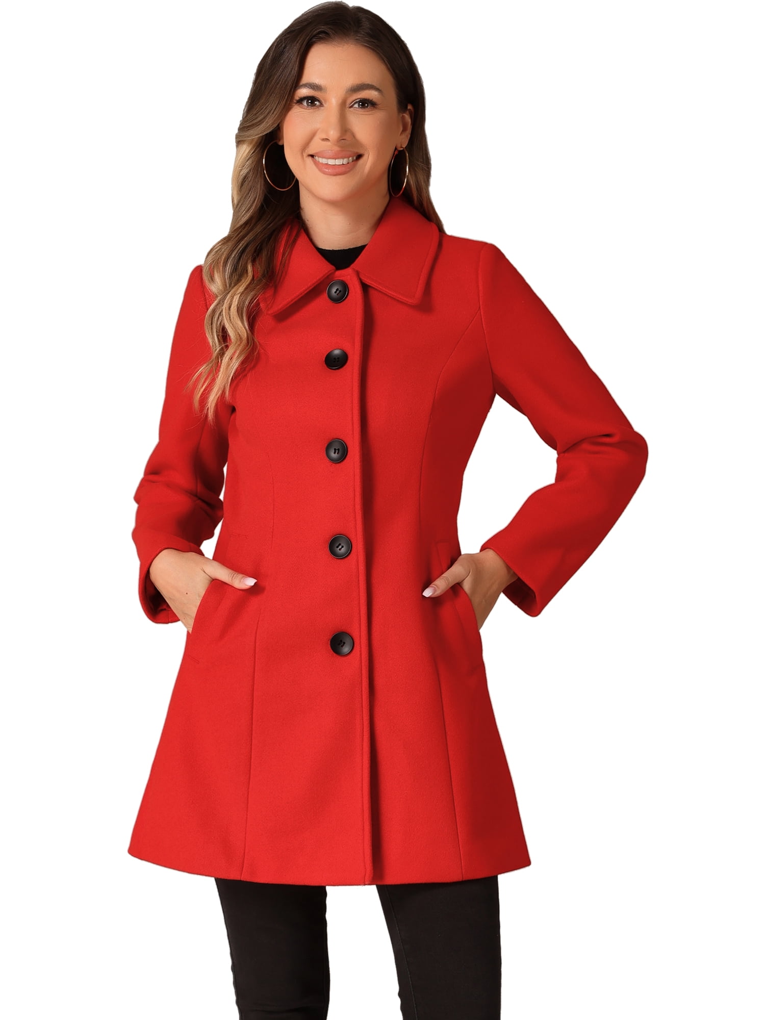 DARING DIVA Women's Casual Winter Single Breasted Mid Length Overcoat Red S