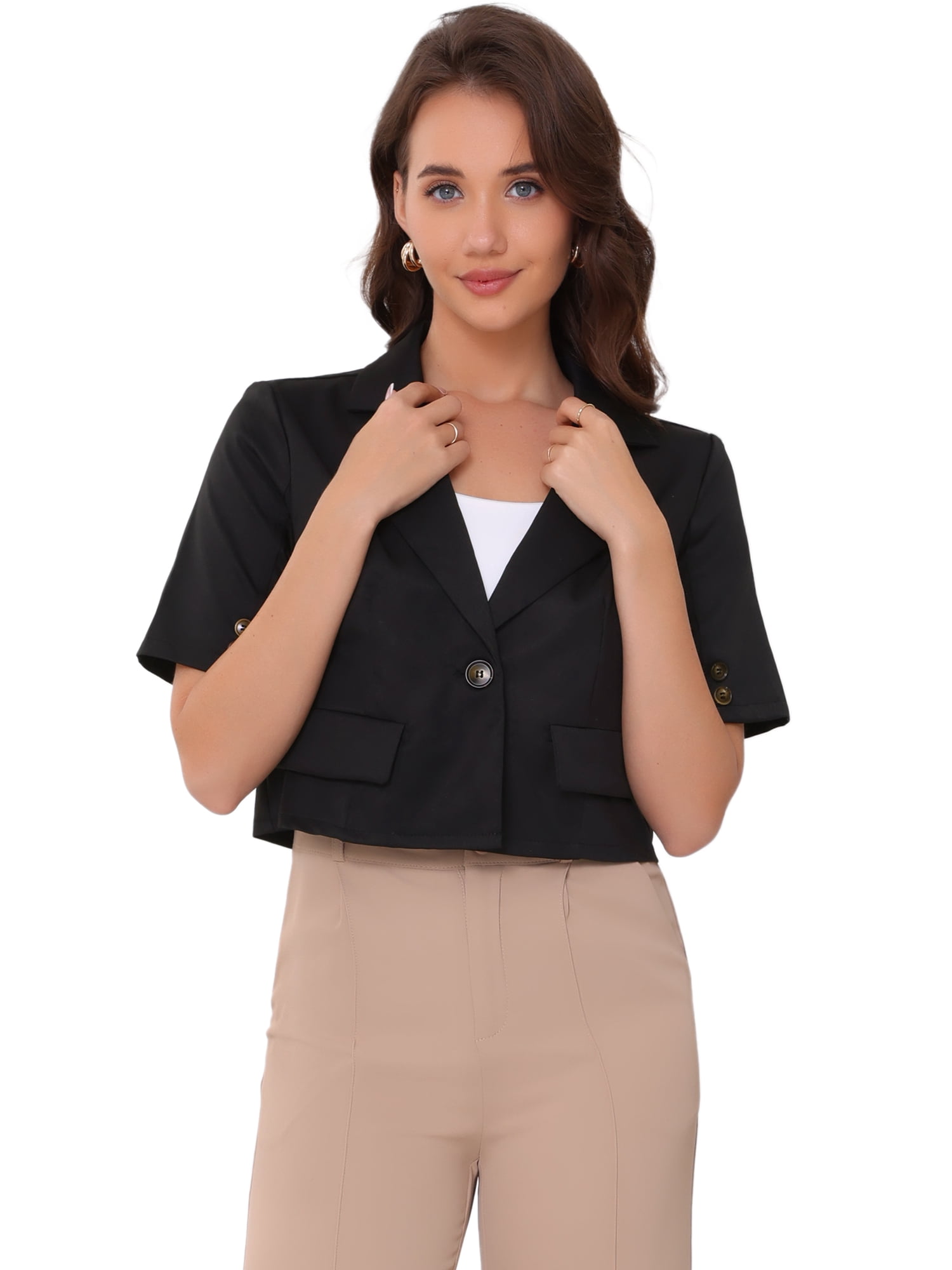 DARING DIVA Women's Casual Work Cropped Blazer Short Sleeve Suit L Black