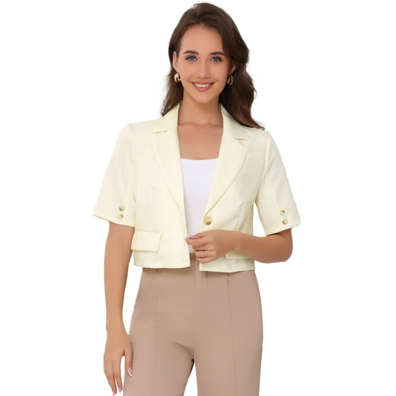 DARING DIVA Women's Casual Work Cropped Blazer Short Sleeve Suit S Beige