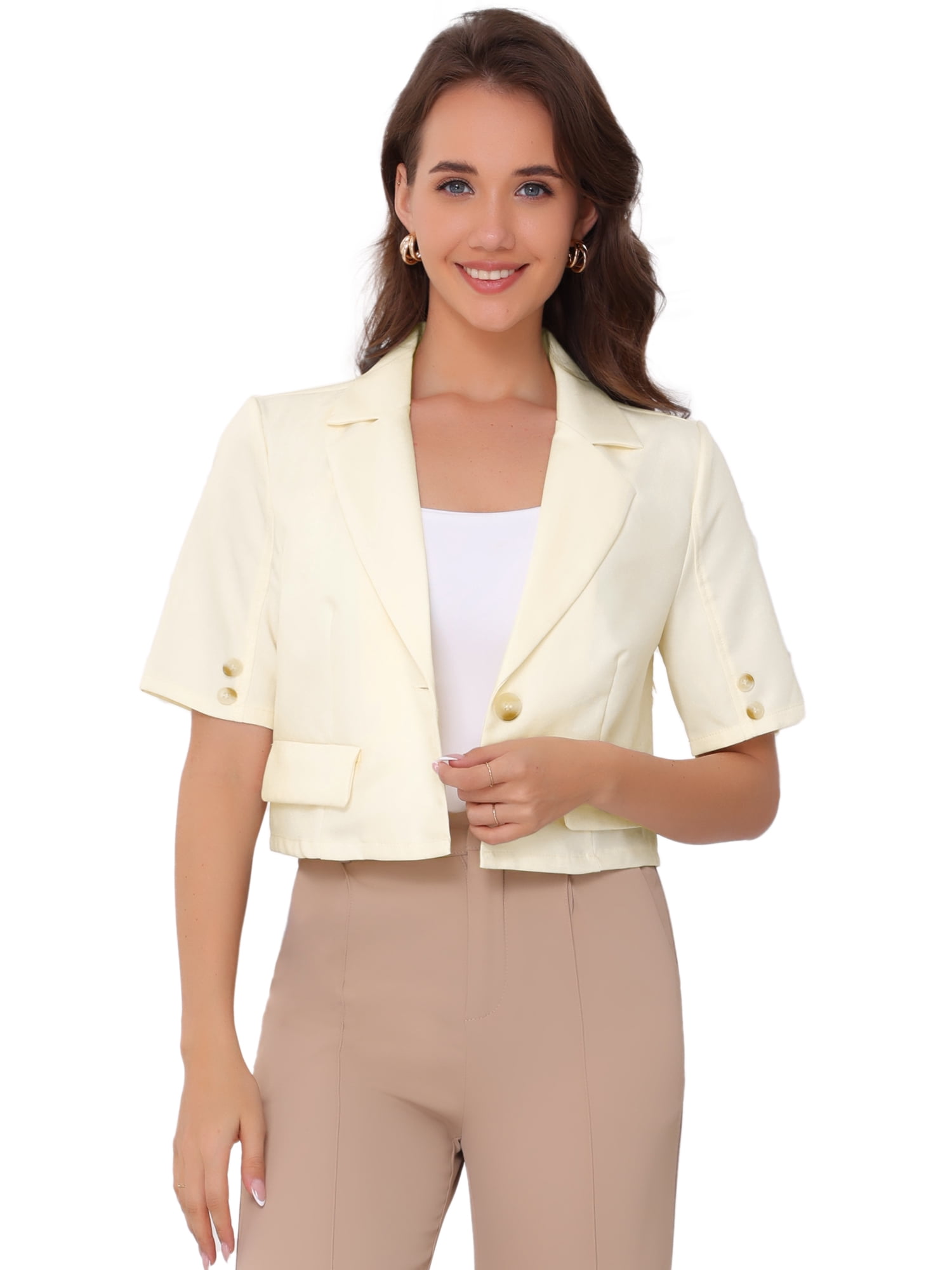 DARING DIVA Women's Casual Work Cropped Blazer Short Sleeve Suit XS Beige