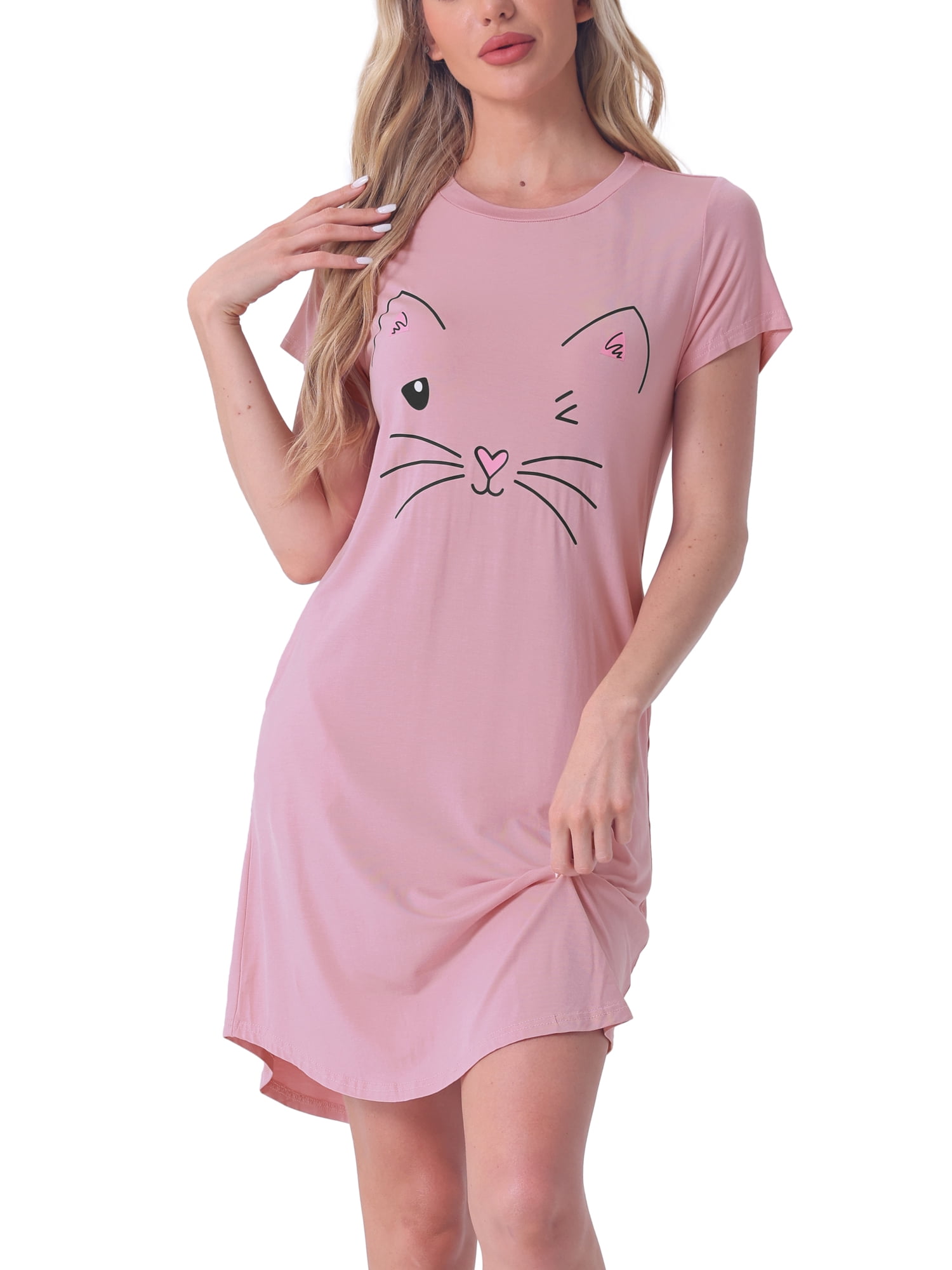 DARING DIVA Women's Cats Cute Printed Short Sleeve Nightgowns M Pink