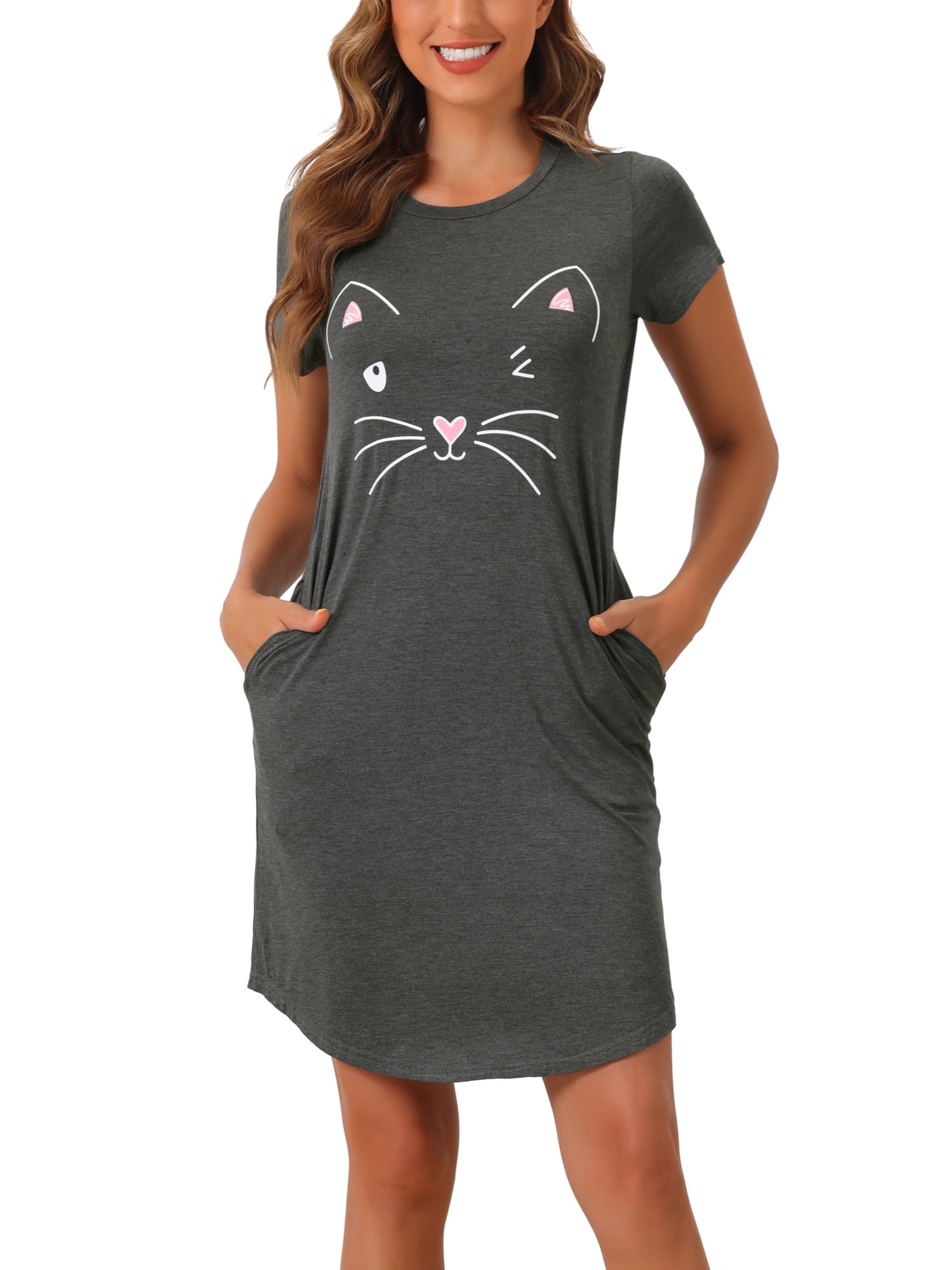 DARING DIVA Women's Cats Cute Printed Short Sleeve Nightgowns S Gray