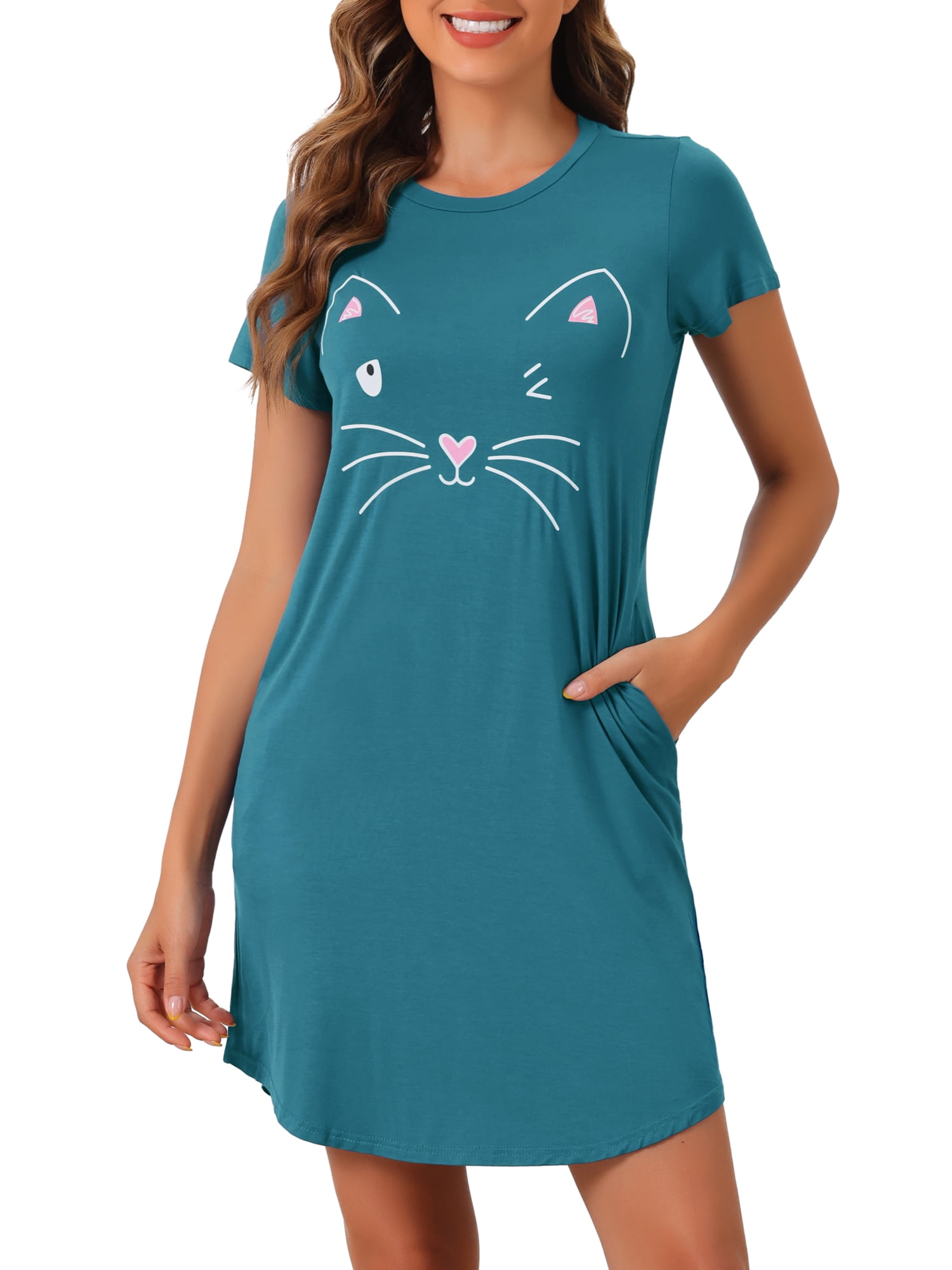 DARING DIVA Women's Cats Cute Printed Short Sleeve Nightgowns XL Peacock Green