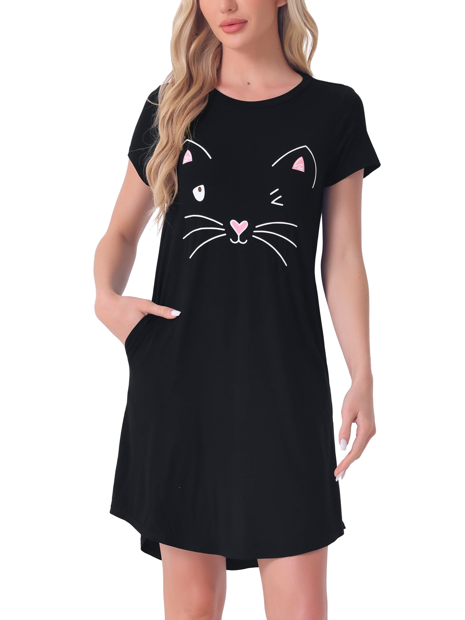 DARING DIVA Women's Cats Cute Printed Short Sleeve Nightgowns XS Black