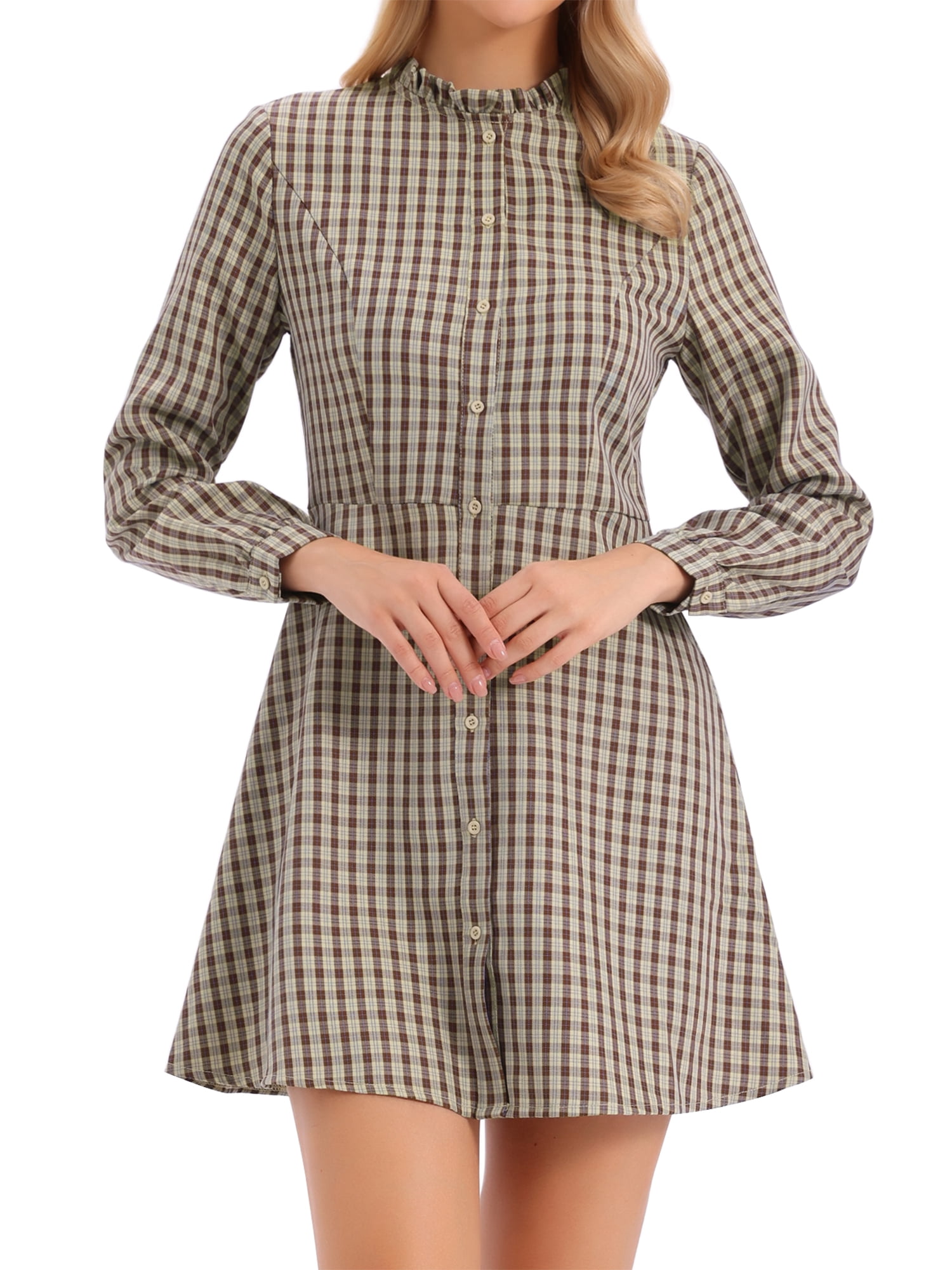DARING DIVA Women's Check Ruffle Neck Button Down Long Sleeve A-Line Dress S Brown Khaki