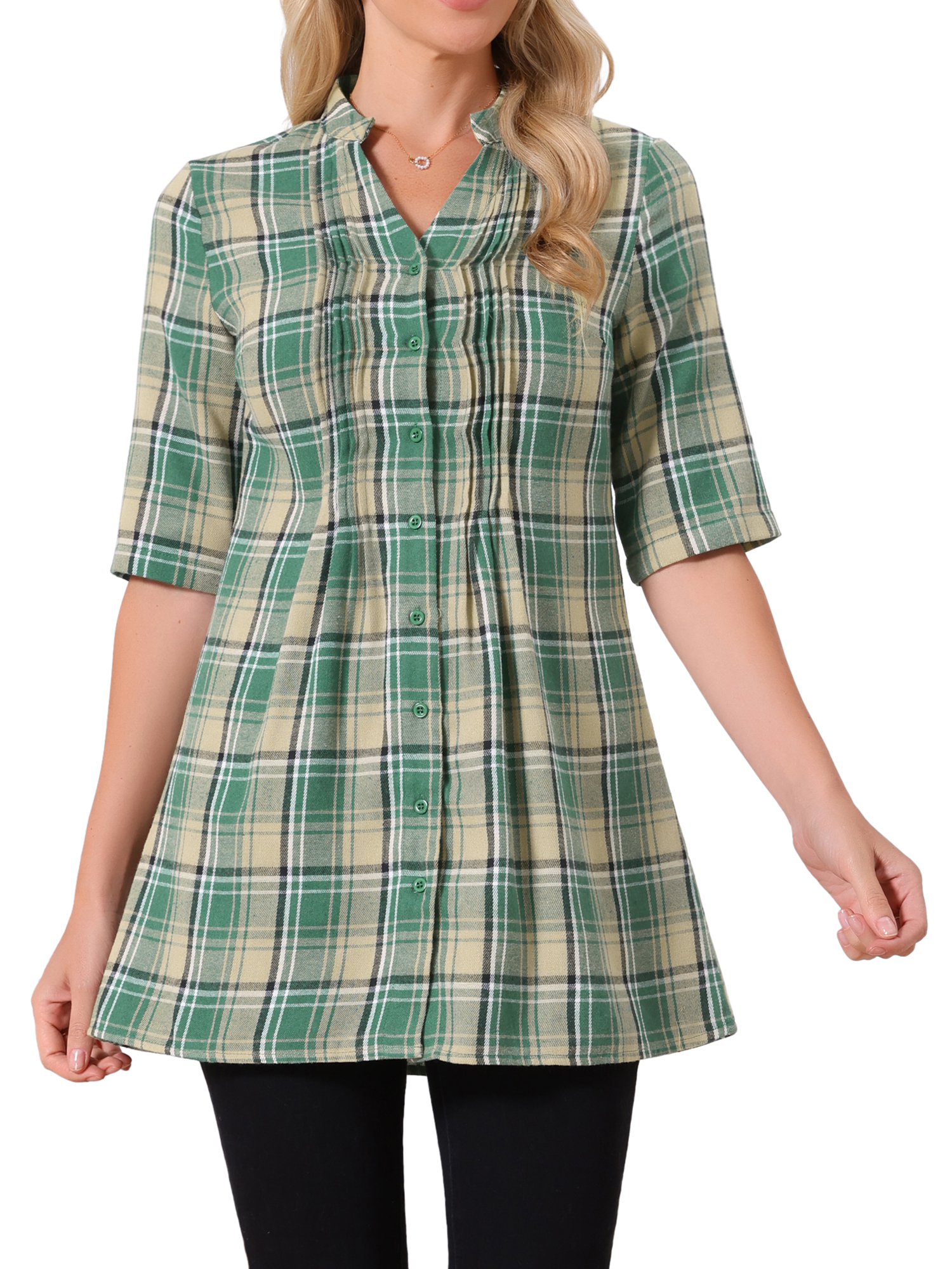 DARING DIVA Women's Check Top V Neck Half Sleeve Casual Tunic Blouse Green S