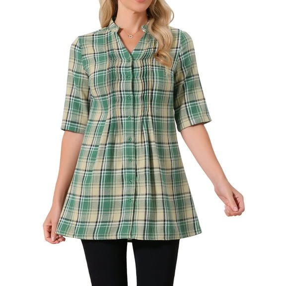 DARING DIVA Women's Check Top V Neck Half Sleeve Casual Tunic Blouse Green S