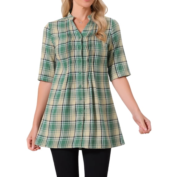 DARING DIVA Women's Check Top V Neck Half Sleeve Casual Tunic Blouse Green XL