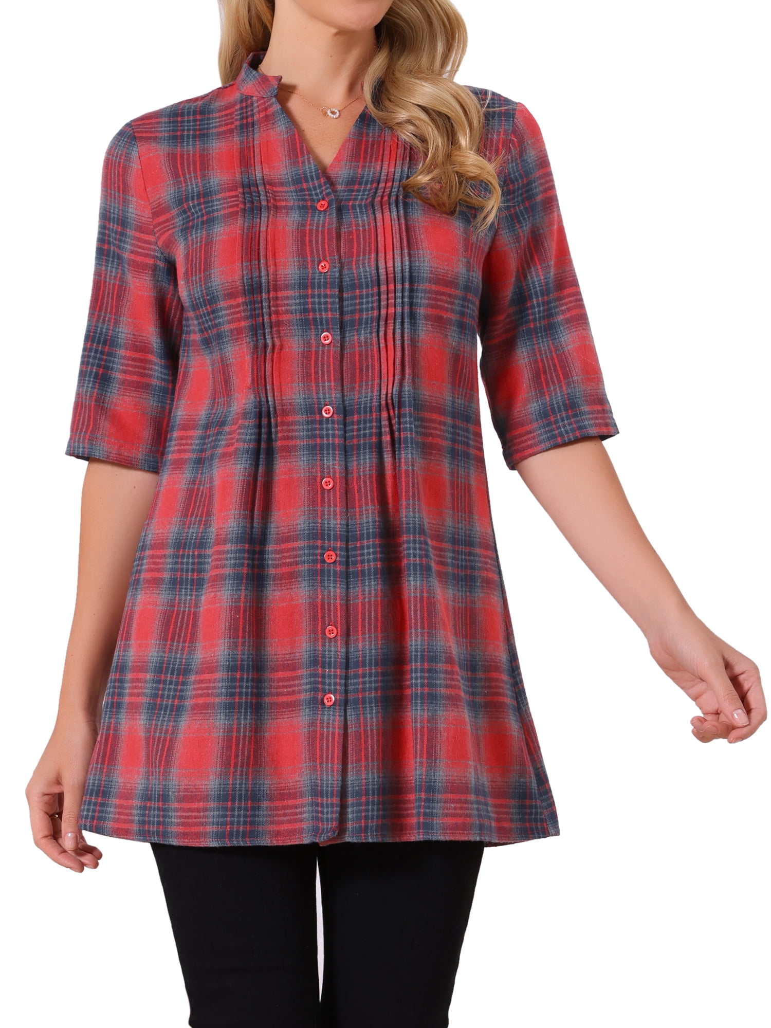 DARING DIVA Women's Check Top V Neck Half Sleeve Casual Tunic Blouse Red S