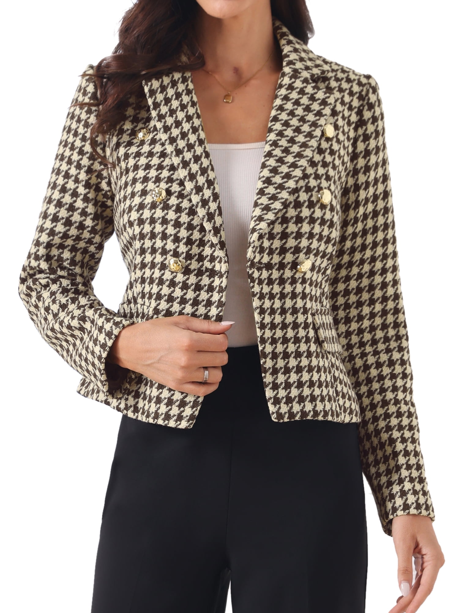 DARING DIVA Women's Chic Houndstooth Notch Lapel Long Sleeve Blazer L Brown