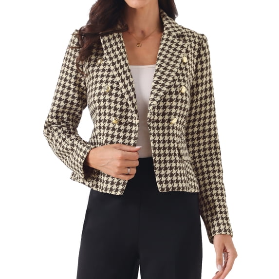 DARING DIVA Women's Chic Houndstooth Notch Lapel Long Sleeve Blazer XS Brown
