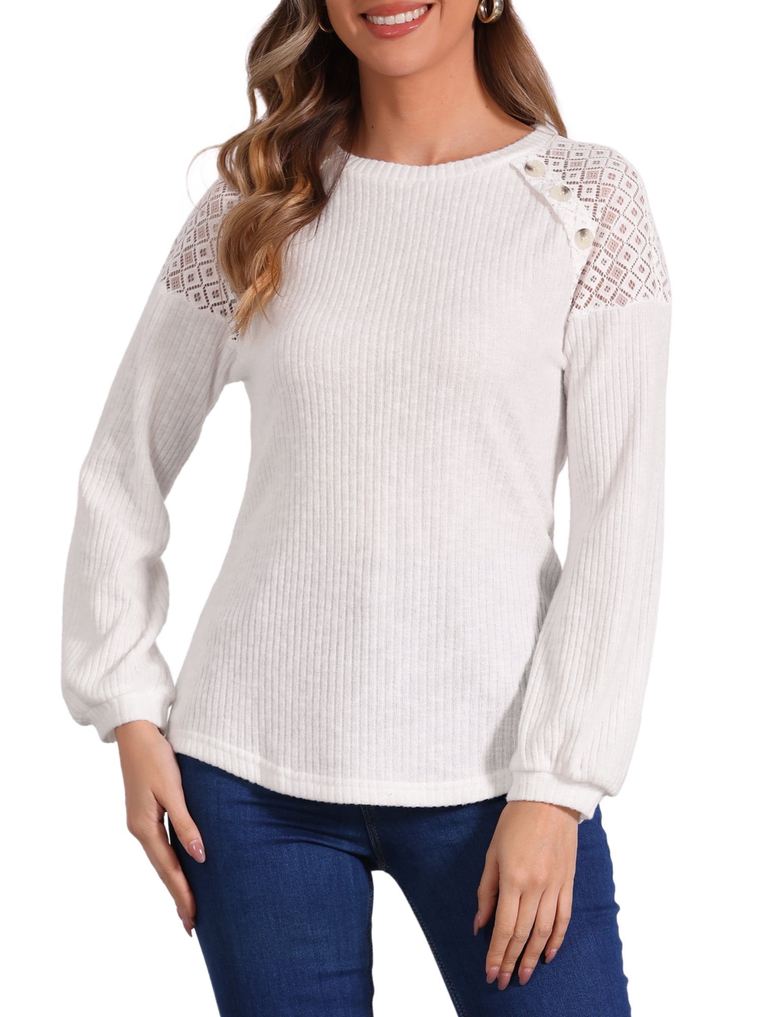 DARING DIVA Women's Chic Lace-Trimmed Crew Neck Knit Sweater Tops S White