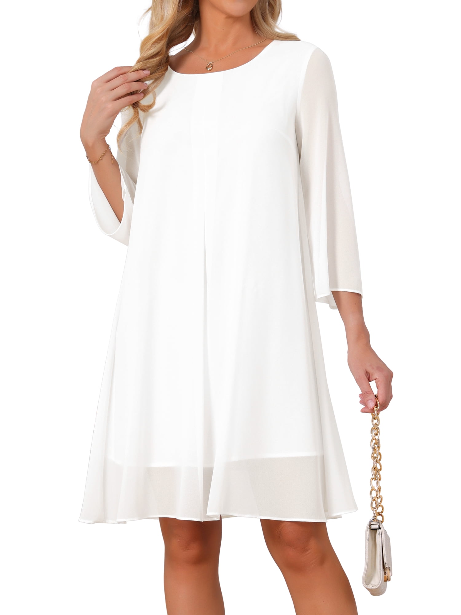 DARING DIVA Women's Chiffon 3/4 Sleeve Flowy Wedding Guest Dress S White