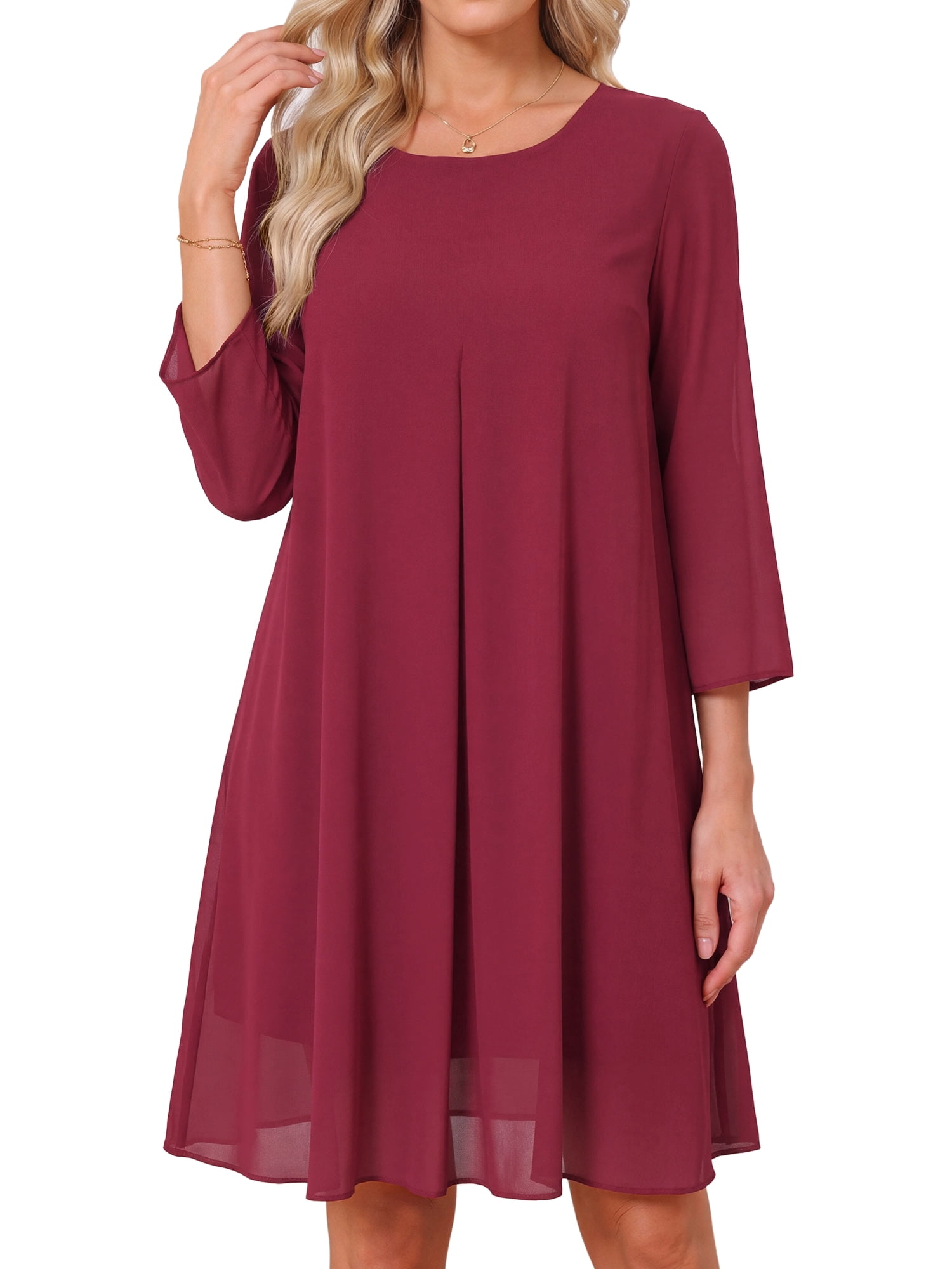 DARING DIVA Women's Chiffon 3/4 Sleeve Flowy Wedding Guest Dress S Wine Red