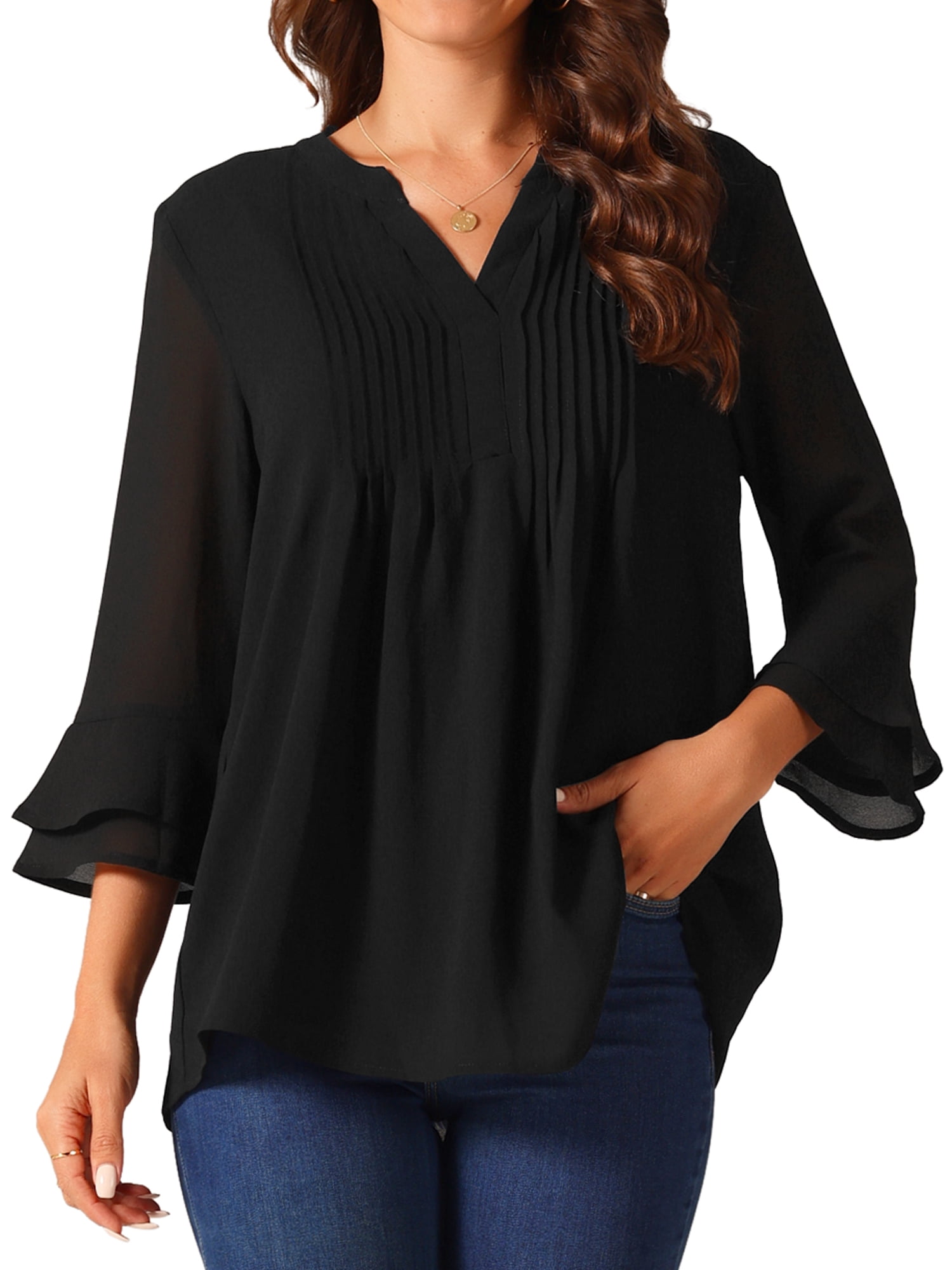 DARING DIVA Women's Chiffon 3/4 Sleeve Tunic Tops Blouse Pintuck Shirts M Black