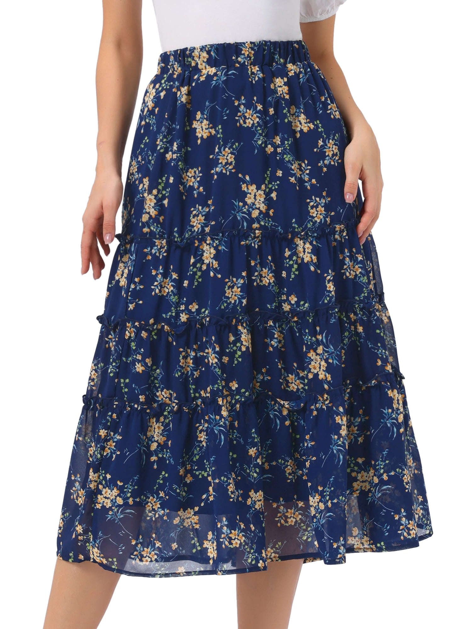 DARING DIVA Women's Chiffon A-line Long Tiered Ruffle Maxi Skirt XS Blue Yellow Floral