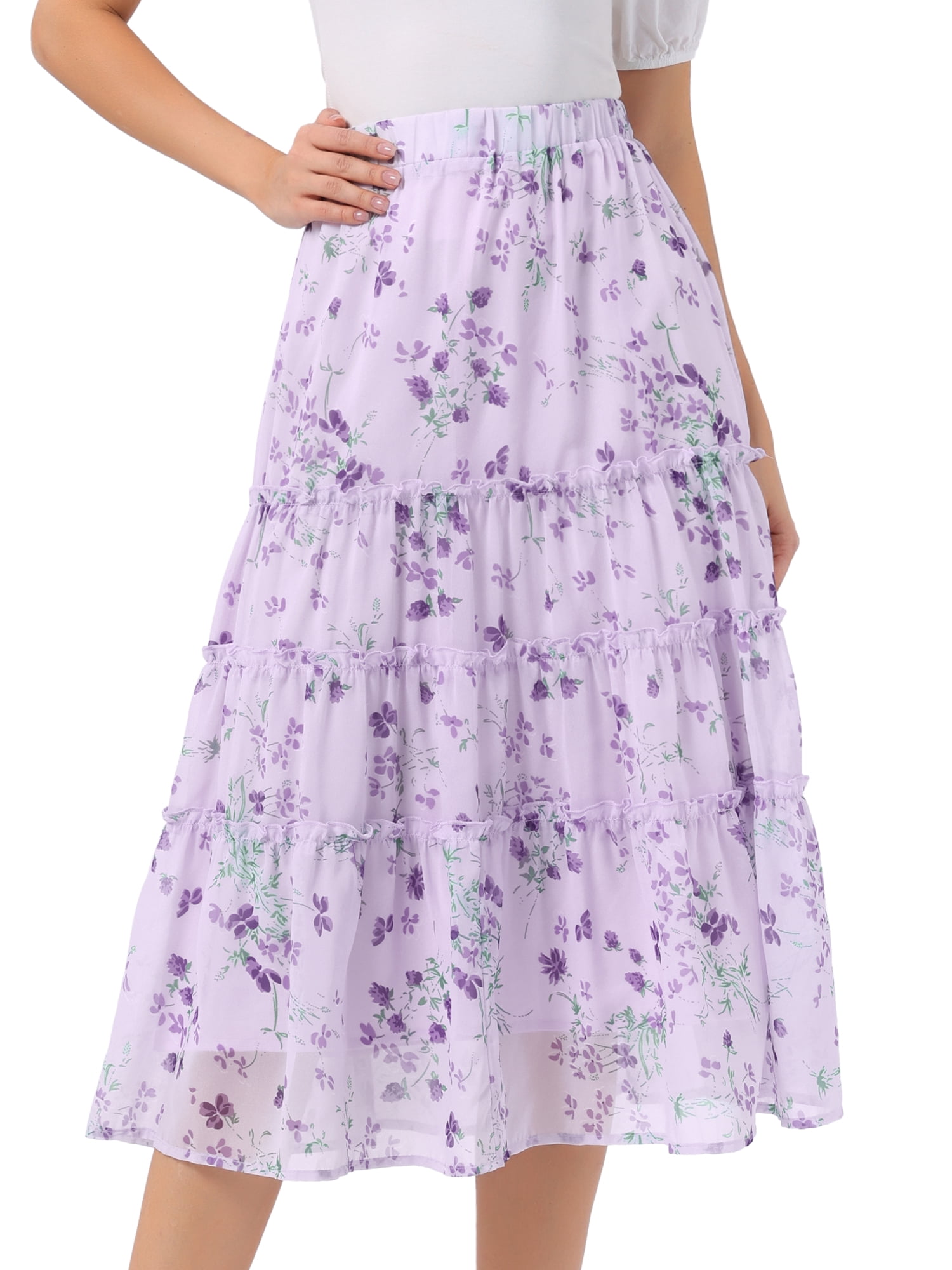 DARING DIVA Women's Chiffon A-line Long Tiered Ruffle Maxi Skirt XS Purple Floral