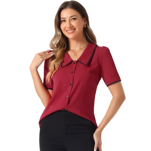DARING DIVA Women's Elegant Chiffon Button Down Peter Pan Collar Blouse S Wine Red