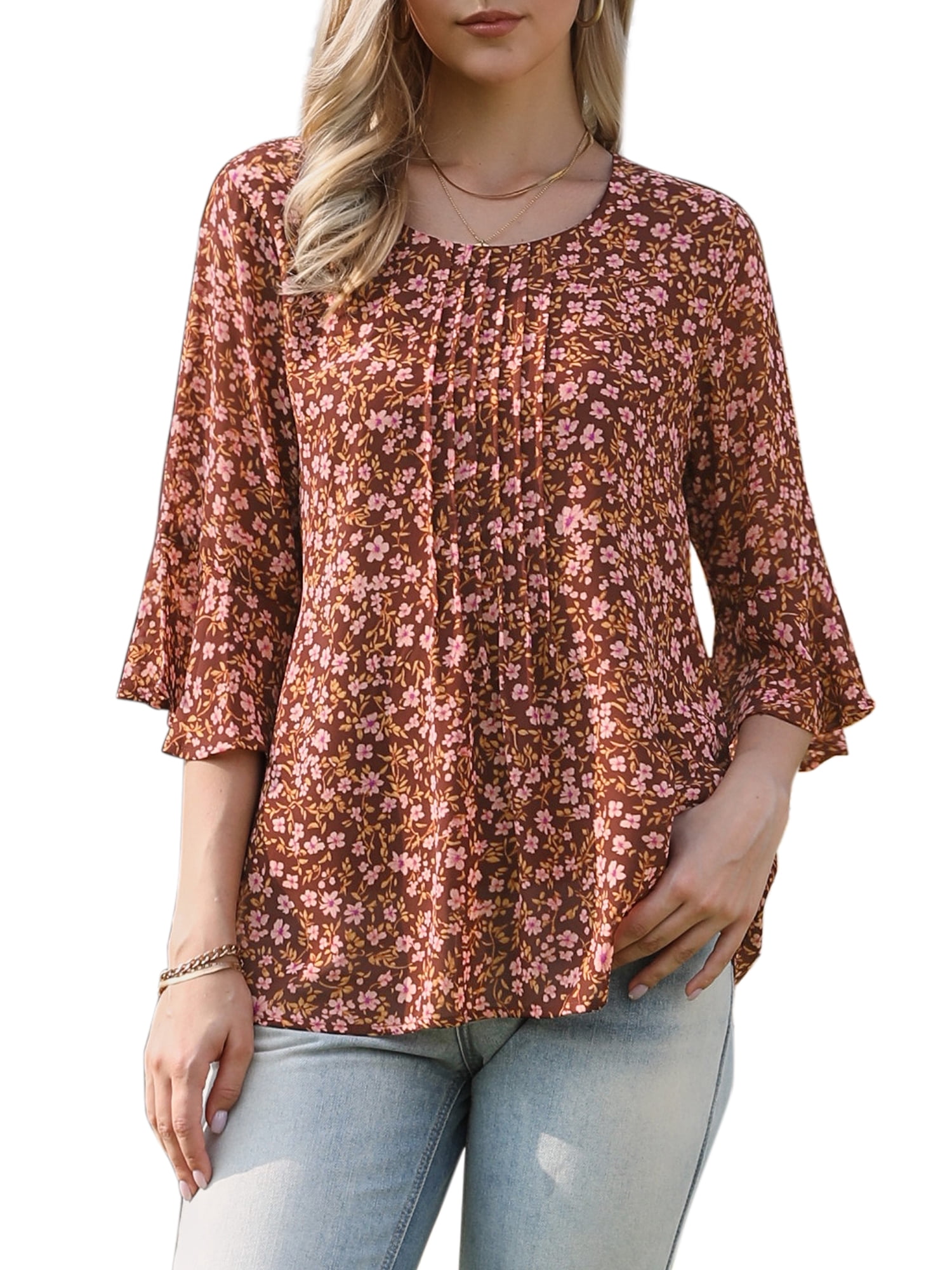 DARING DIVA Women's Chiffon Blouses Casual 3/4 Sleeve Ruffle Floral Top S Brown