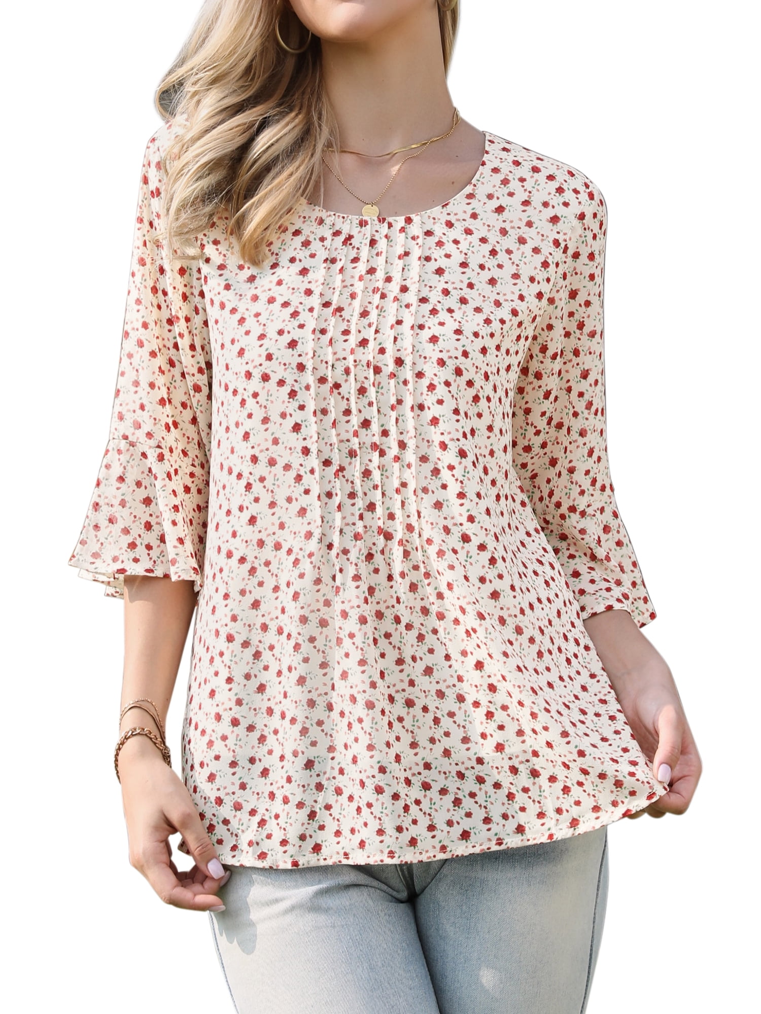 DARING DIVA Women's Chiffon Blouses Casual 3/4 Sleeve Ruffle Floral Top XS Beige
