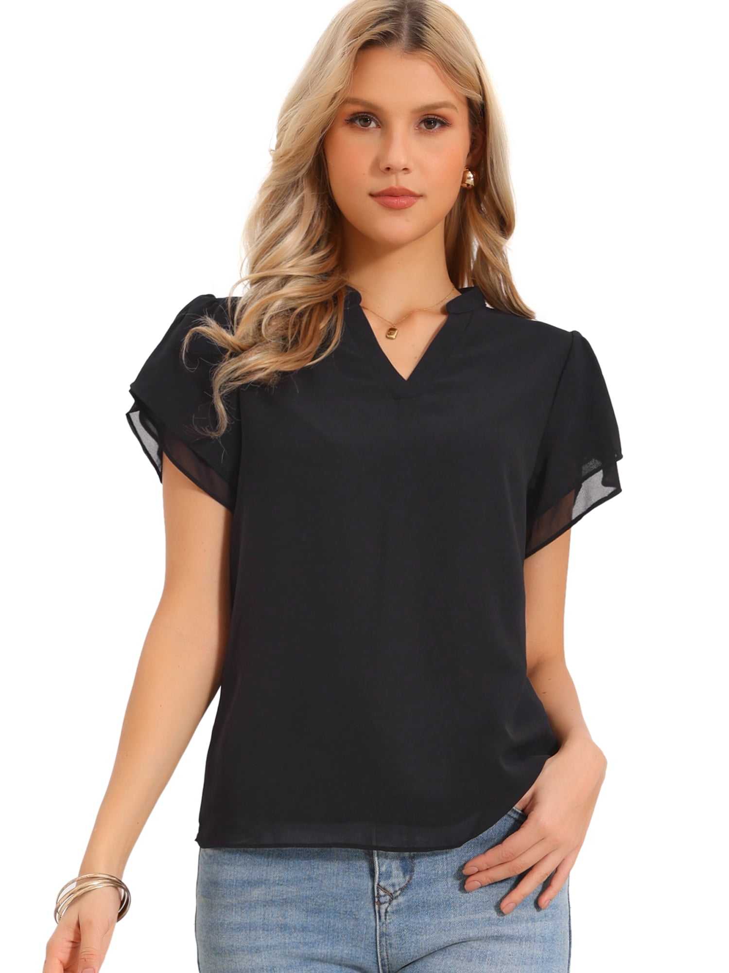 DARING DIVA Women's Chiffon Casual Short Ruffle Petal Sleeve V Neck Shirts M Black