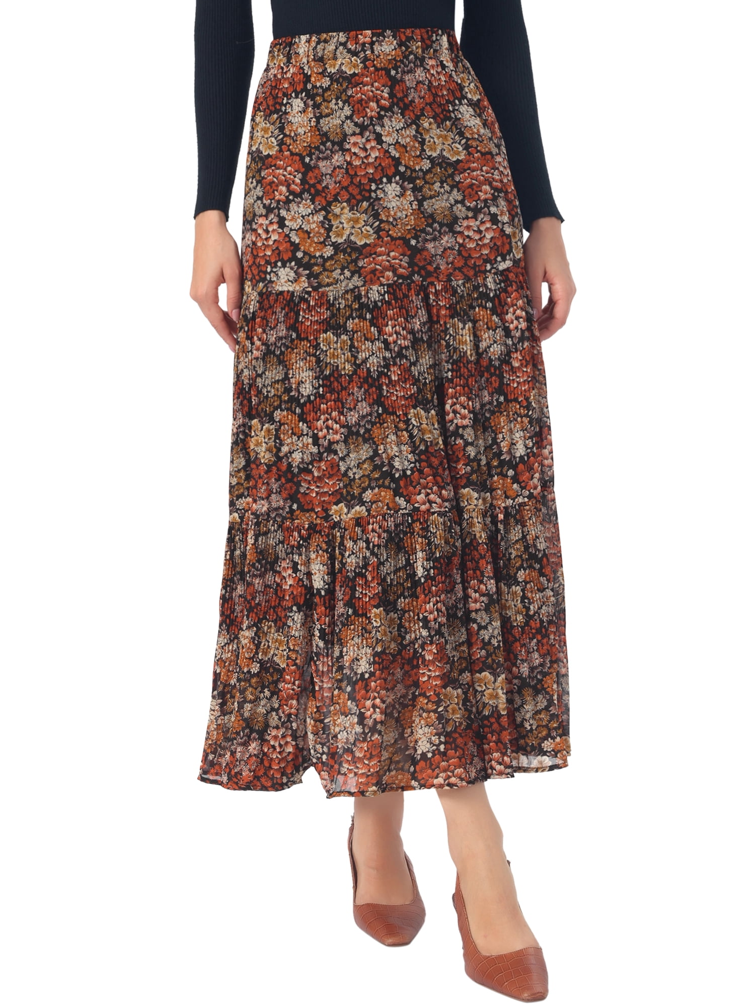 DARING DIVA Women's Chiffon Floral High Waist Pleated Maxi Skirt L Black