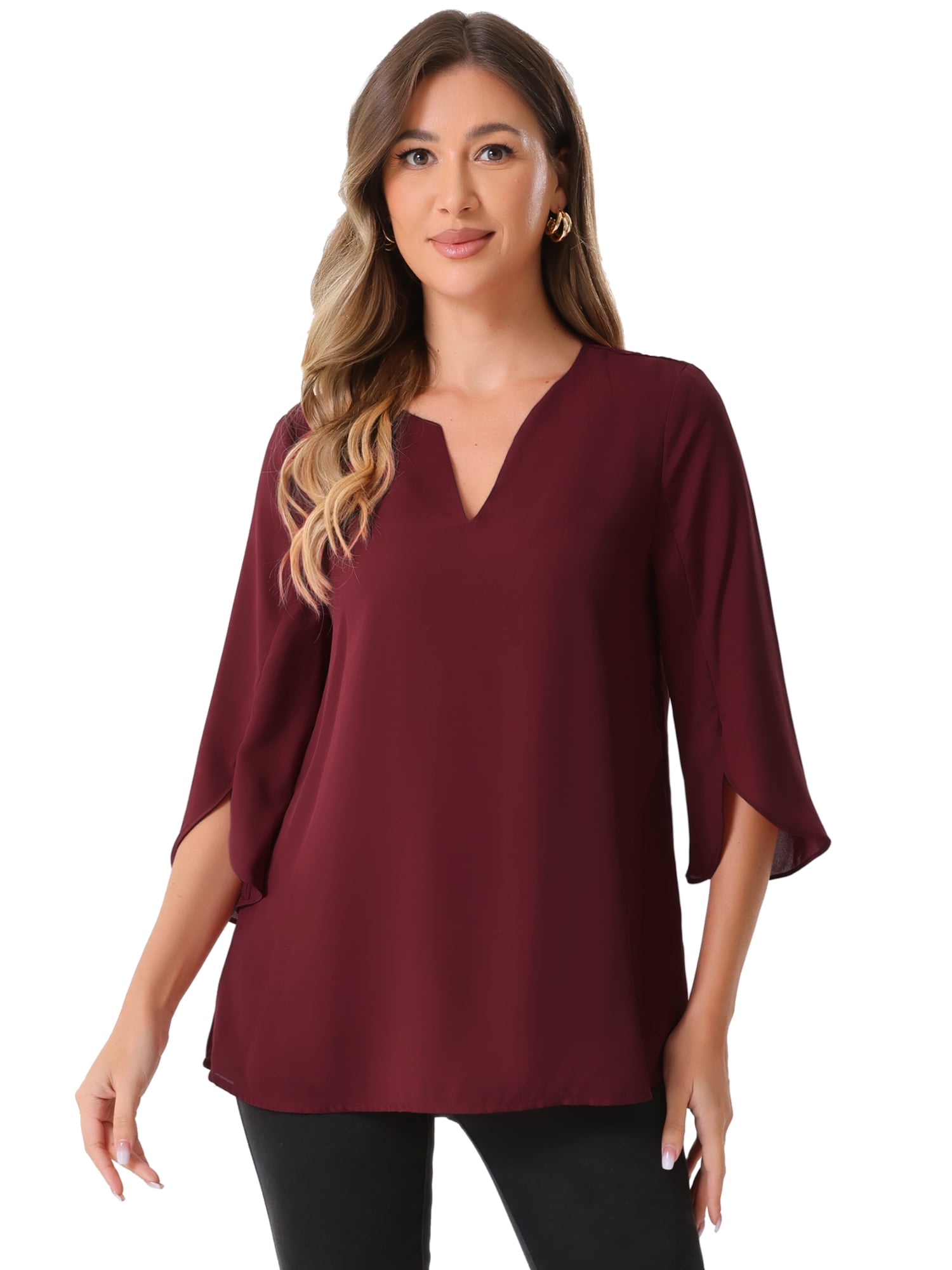 DARING DIVA Women's Chiffon Flowy Mesh Shirt Loose Work Tunic Blouse Top Burgundy M