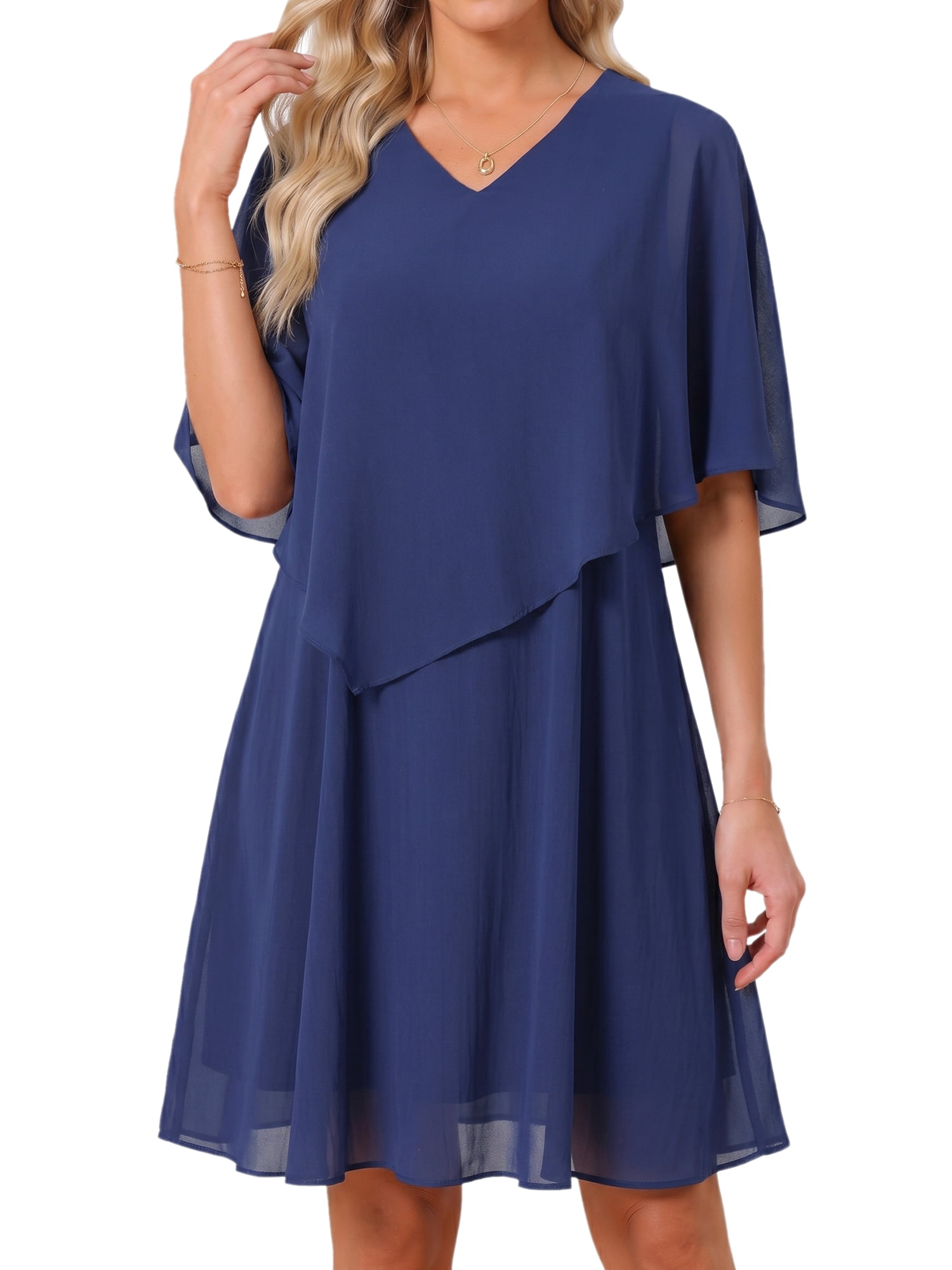DARING DIVA Women's Chiffon Half Sleeve V Neck Wedding Guest Dress S Dark Blue