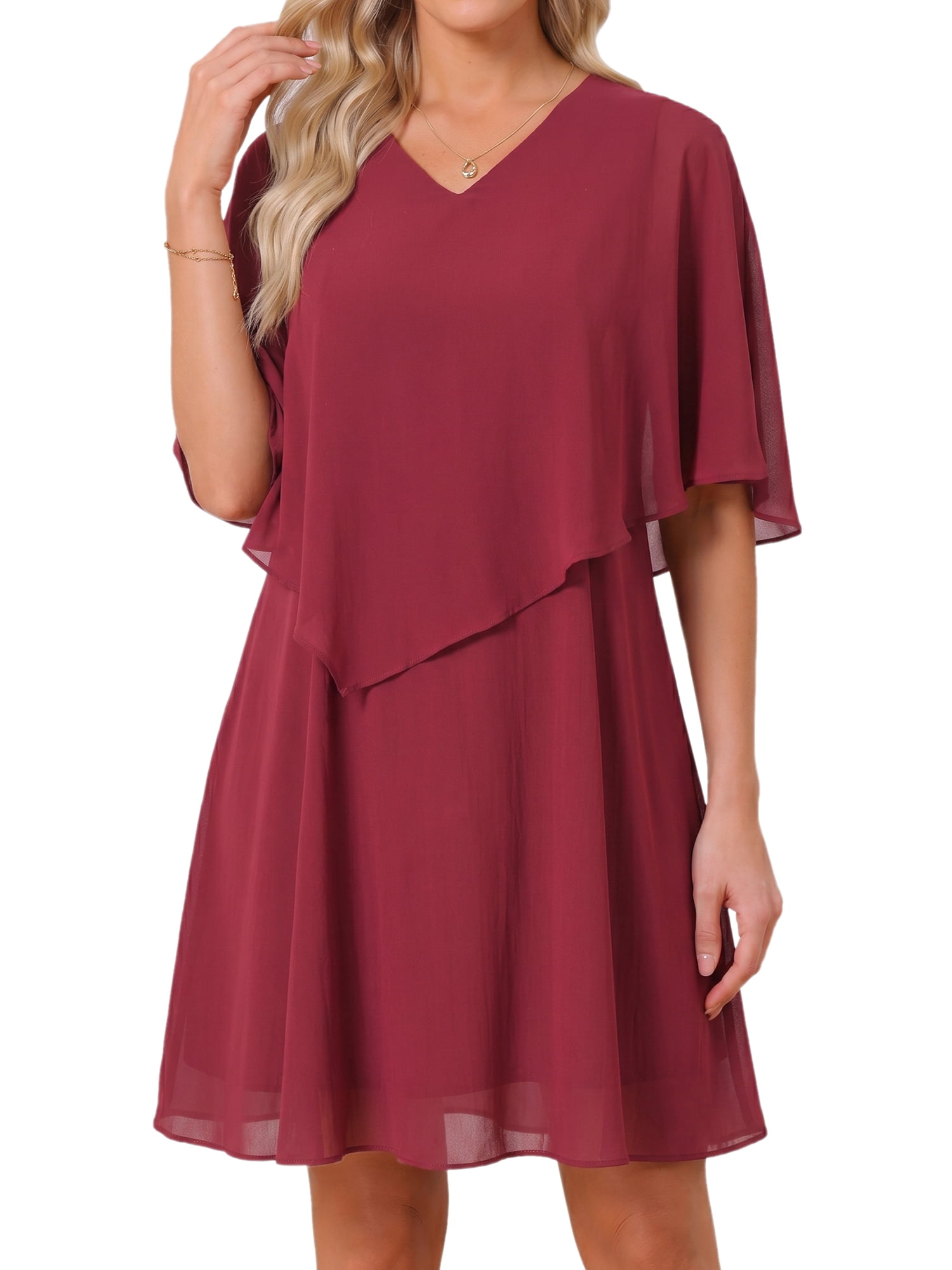 DARING DIVA Women's Chiffon Half Sleeve V Neck Wedding Guest Dress S Wine Red
