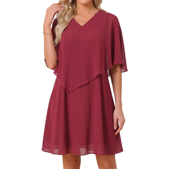 DARING DIVA Women's Chiffon Half Sleeve V Neck Wedding Guest Dress S Wine Red