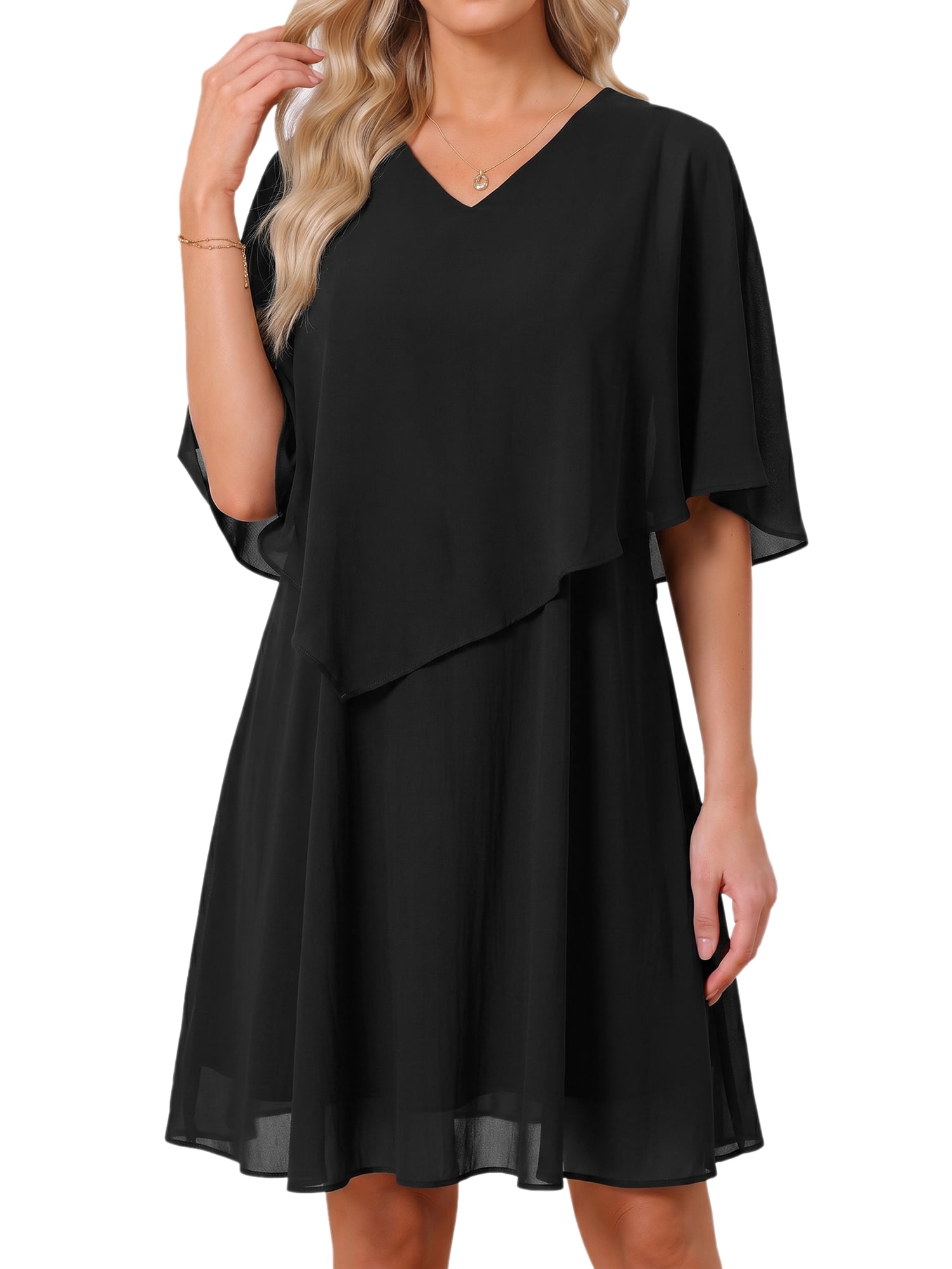 DARING DIVA Women's Chiffon Half Sleeve V Neck Wedding Guest Dress XL Black