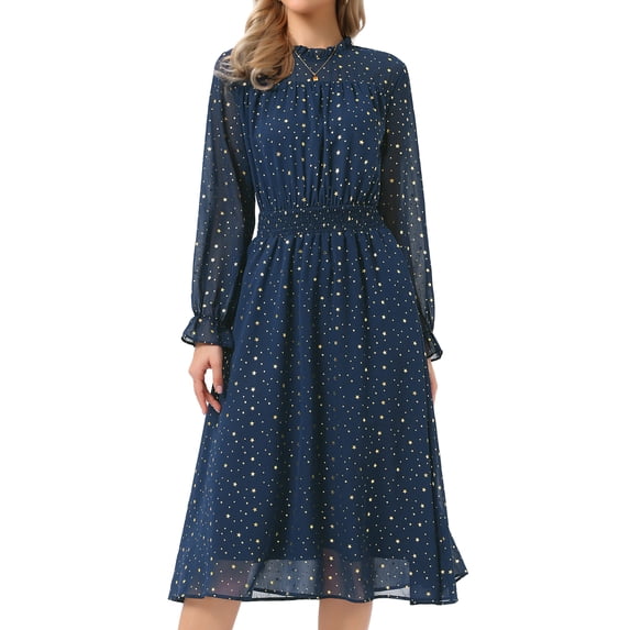 DARING DIVA Women's Chiffon Sheer Long Sleeve Smocked A-Line Dress L Deep Blue