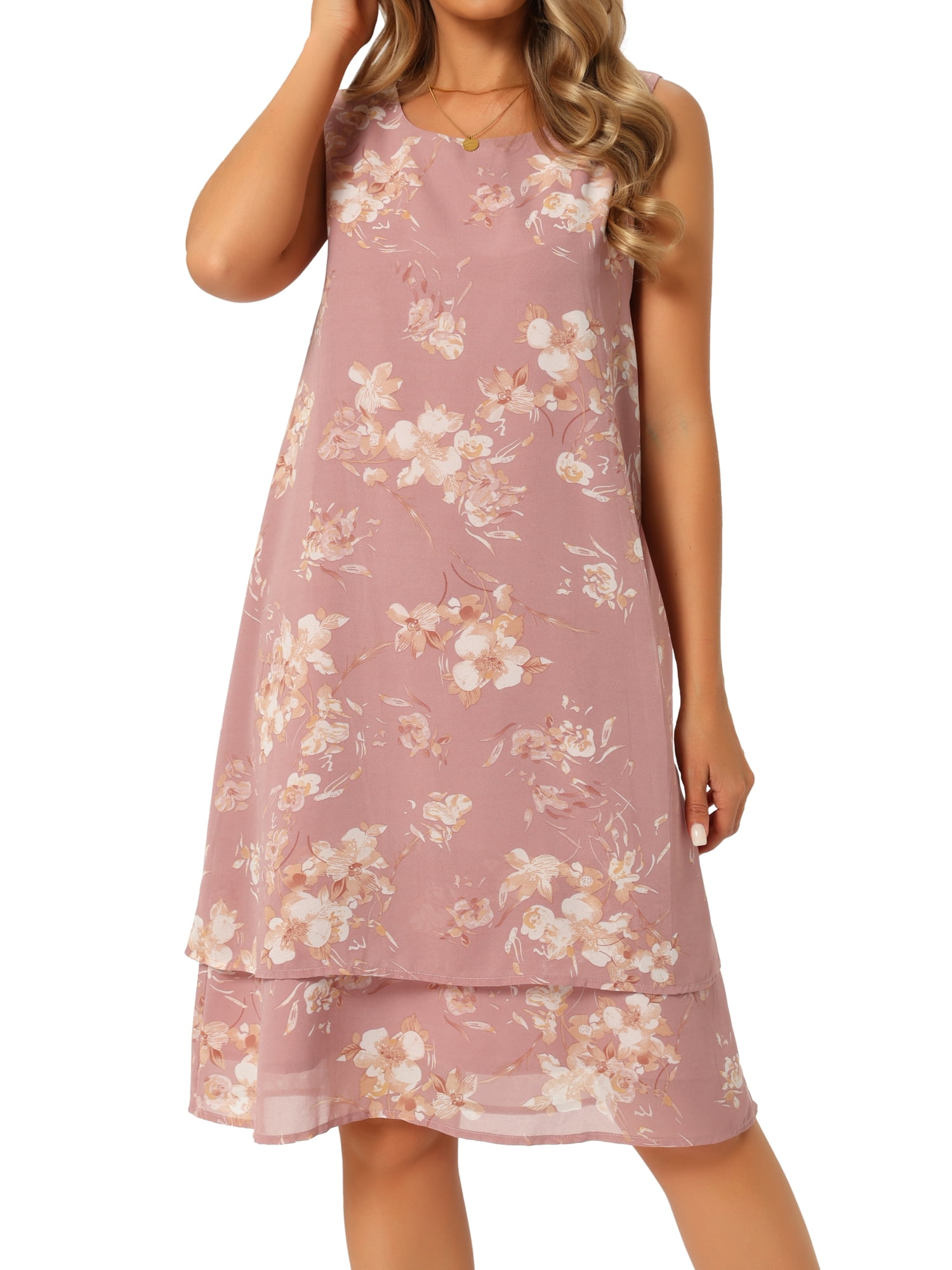 DARING DIVA Women's Chiffon Sleeveless Floral Tiered Flowy Sundress L Dusty Pink