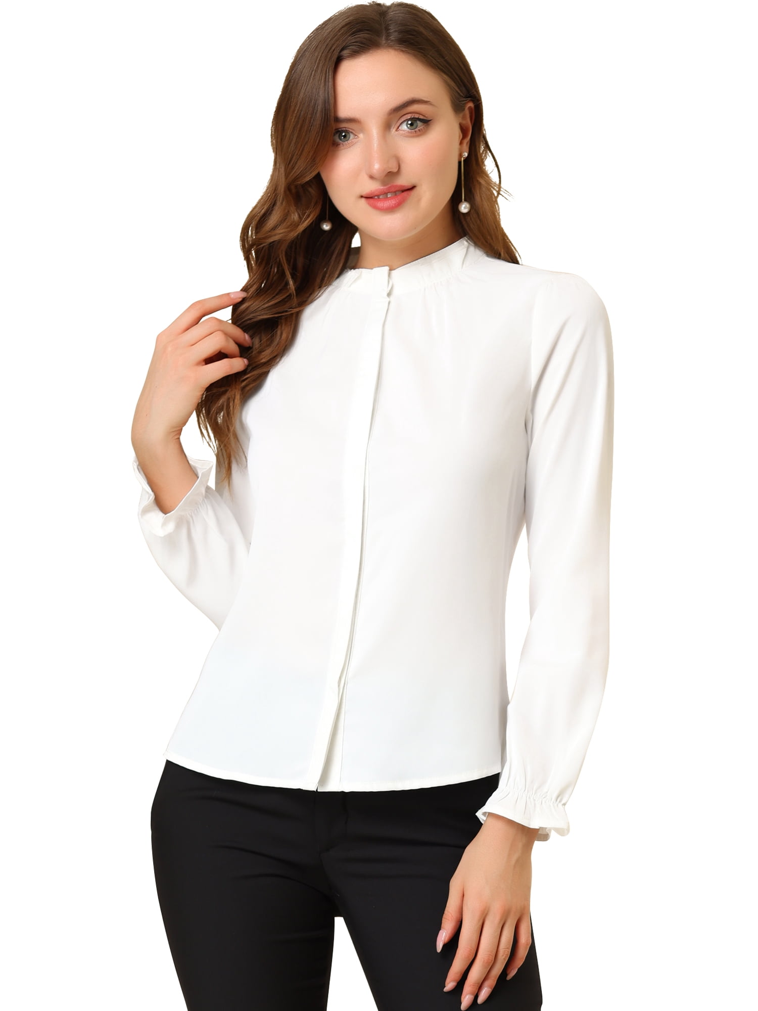 DARING DIVA Women's Chiffon Stand Collar Ruffled Trim Work Blouse L White