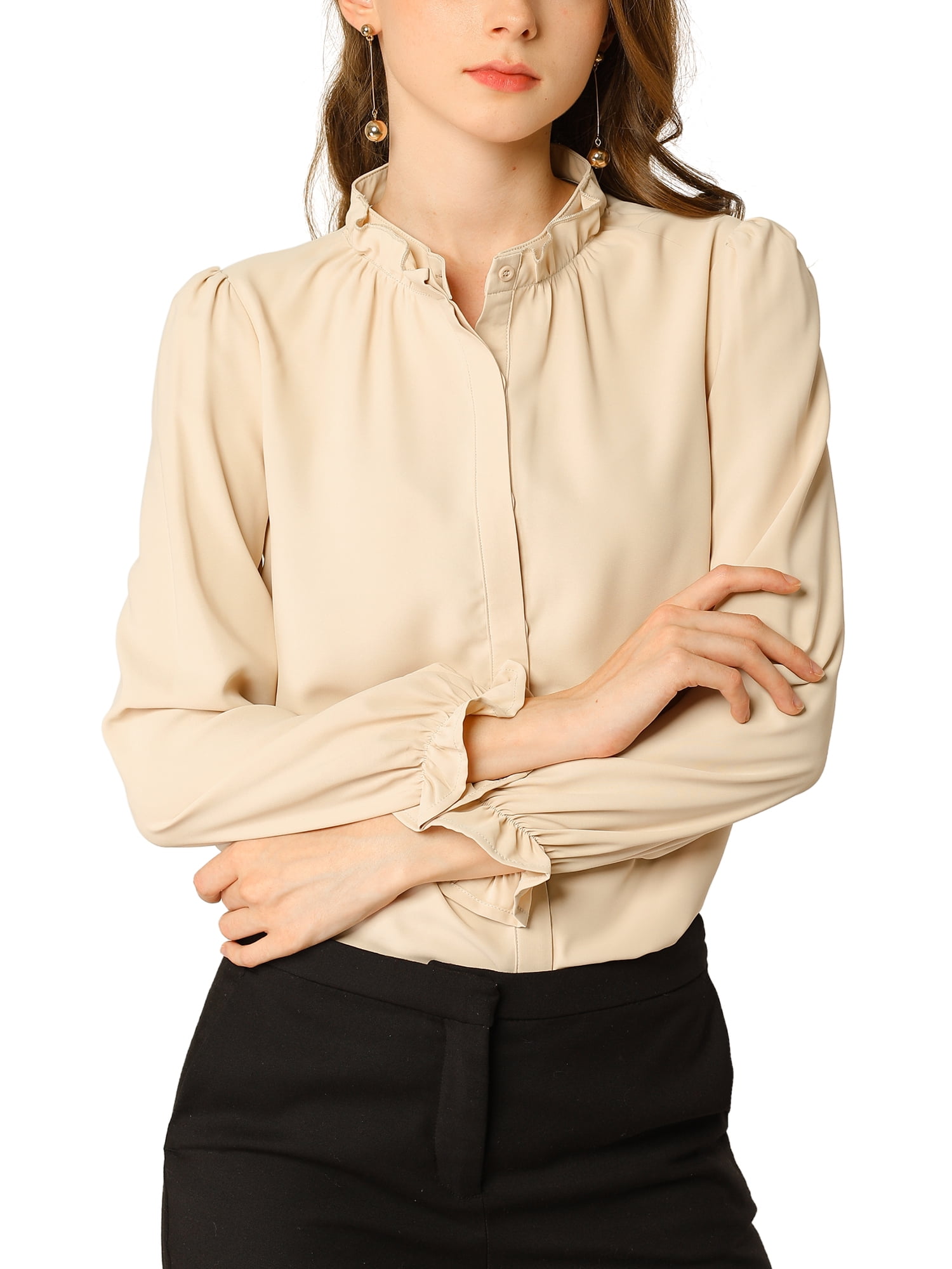 DARING DIVA Women's Chiffon Stand Collar Ruffled Trim Work Blouse M Apricot