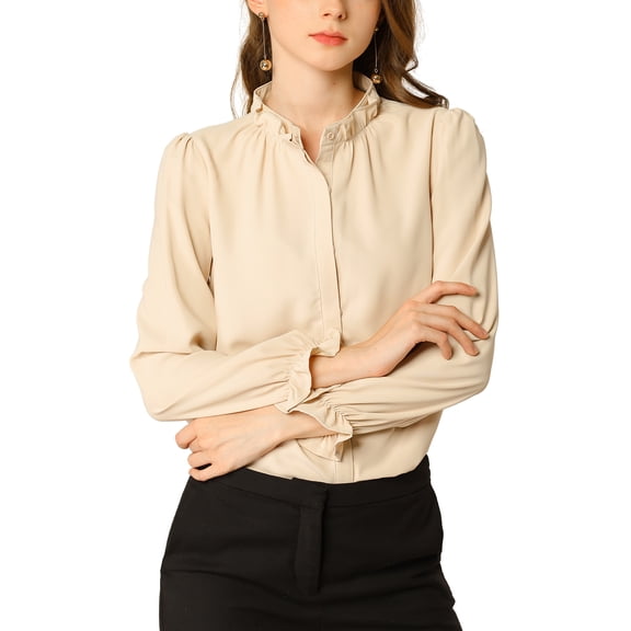 DARING DIVA Women's Chiffon Stand Collar Ruffled Trim Work Blouse M Apricot