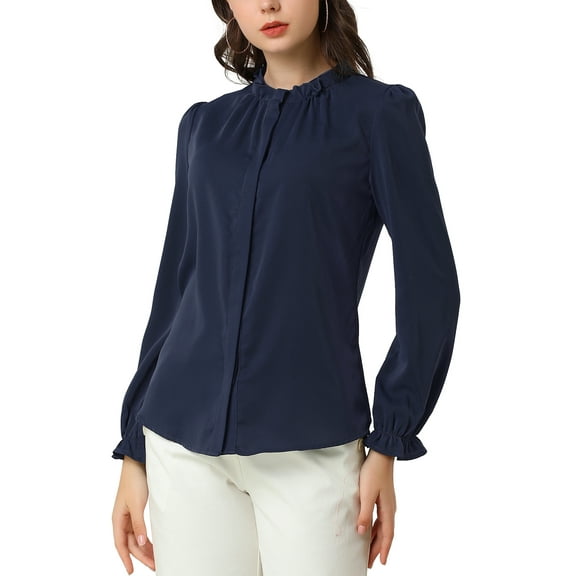 DARING DIVA Women's Chiffon Stand Collar Ruffled Trim Work Blouse M Navy Blue